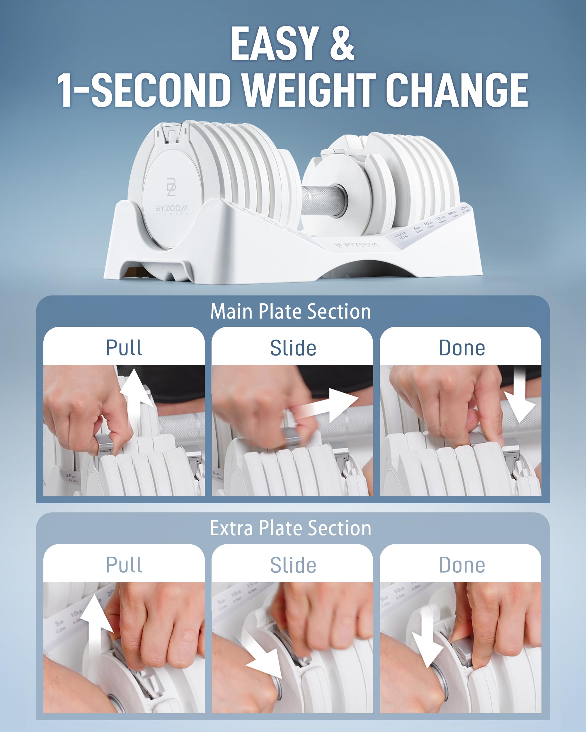 BYZOOM FITNESS Pure Series Adjustable Dumbbell 27.5LB Pair Set of 2 - 10-in-1 Adjustable Weights with Precision Micro Plates, for Strength Training & Fitness Workouts at Home Gym, Garage Gym, Small Apartments, White