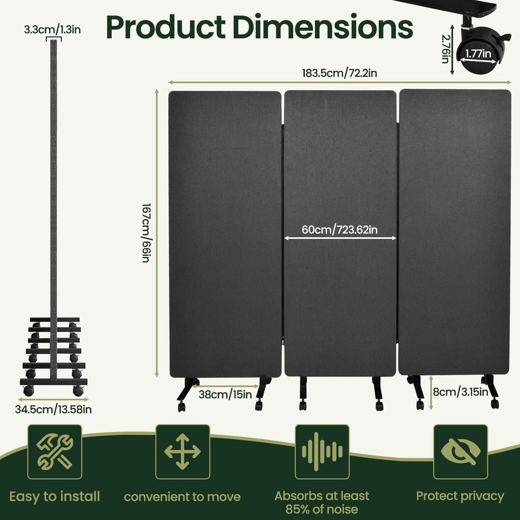 Room Divider with Wheels 72x66 Inch, 3 Panel Folding Privacy Screen, Portable Sound Proof Partition Wall for Office Studio School Hospital, Freestanding Temporary Wall on Casters, Dark Grey