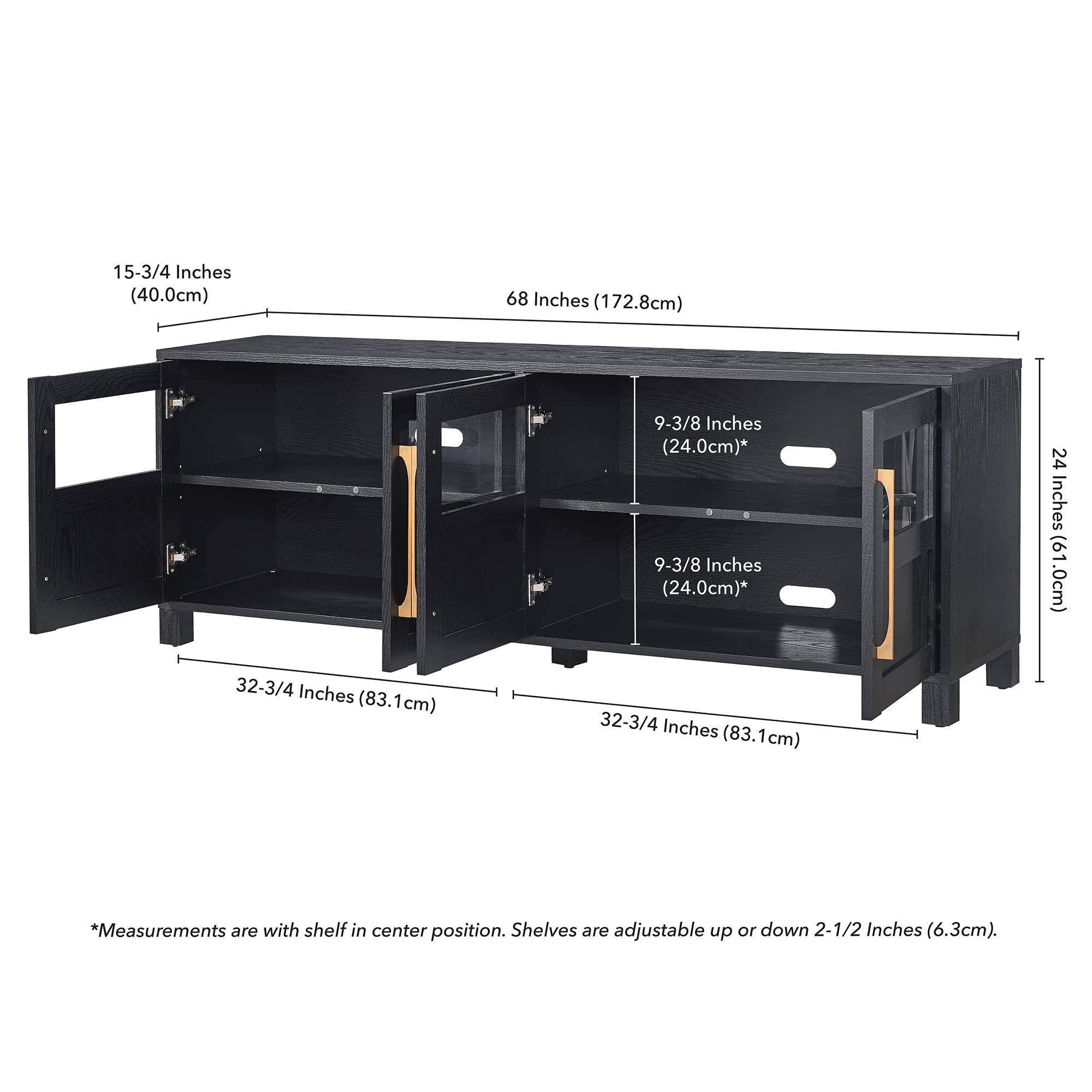 Henn&Hart TV Stand for TVs up to 75" with 2 Glass and Wood Split Panel Display Cabinets for Living Room, Family Room, or Office, Natural Black