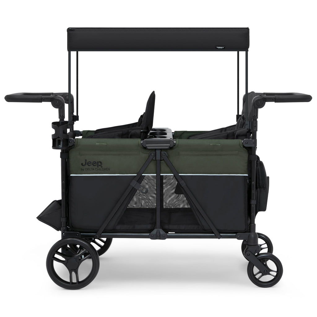 Jeep Aries Stroller Wagon by Delta Children Premium Wagon for 2 Kids with Convertible Seats, Adjustable Push/Pull Handles, Removable Canopy & Flat Fold - Greenguard Gold Certified, Black/Green
