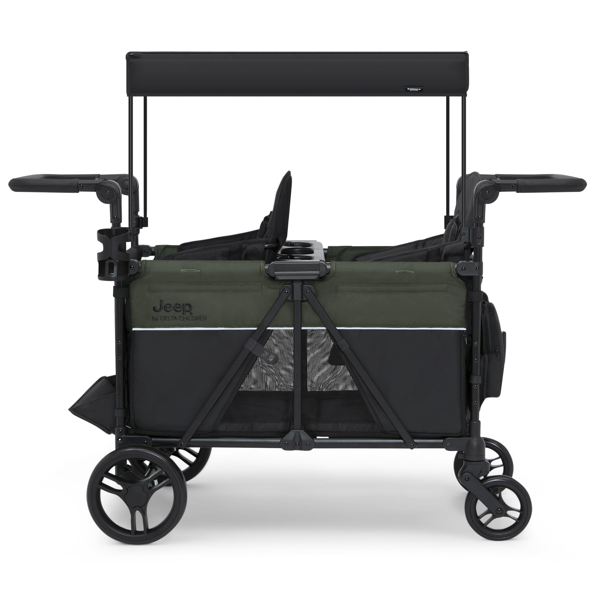 Jeep Aries Stroller Wagon by Delta Children Premium Wagon for 2 Kids with Convertible Seats, Adjustable Push/Pull Handles, Removable Canopy & Flat Fold - Greenguard Gold Certified, Black/Green