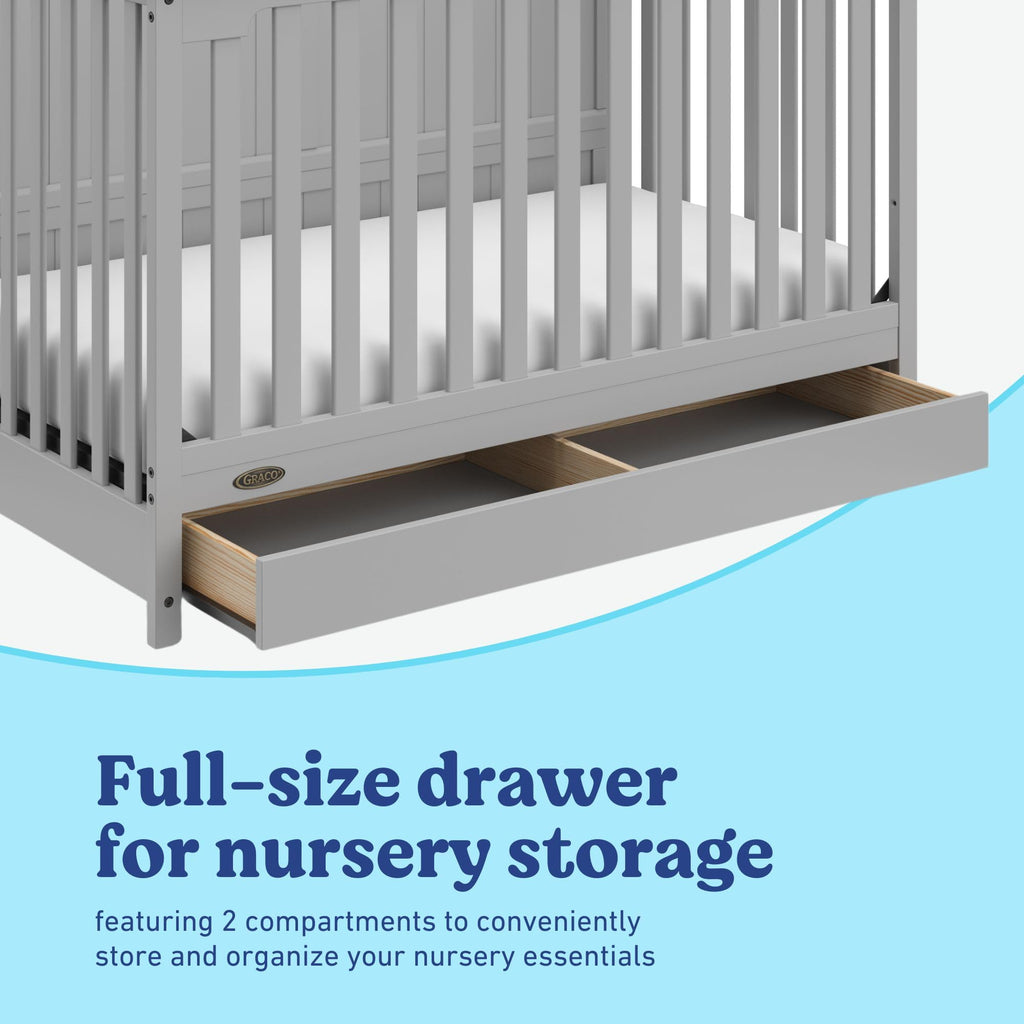 Graco Hadley 5-in-1 Convertible Crib with Drawer – GREENGUARD Gold Certified, Fits Standard Crib Mattress, Converts to Toddler Bed, Daybed and Full Bed, 4 Adjustable Mattress Heights (Pebble Gray)