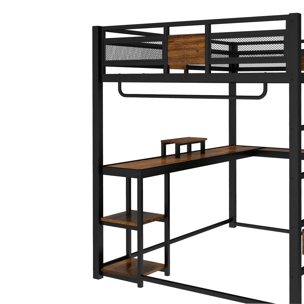 Bellemave Queen Loft Bed with L-Shaped Desk and Storage Drawers, Queen Size Loft Bed Frame with Computer Monitor Stand, Corner Shelf and Hanger Rod, Adults Loft Beds Nosie-Free, Black