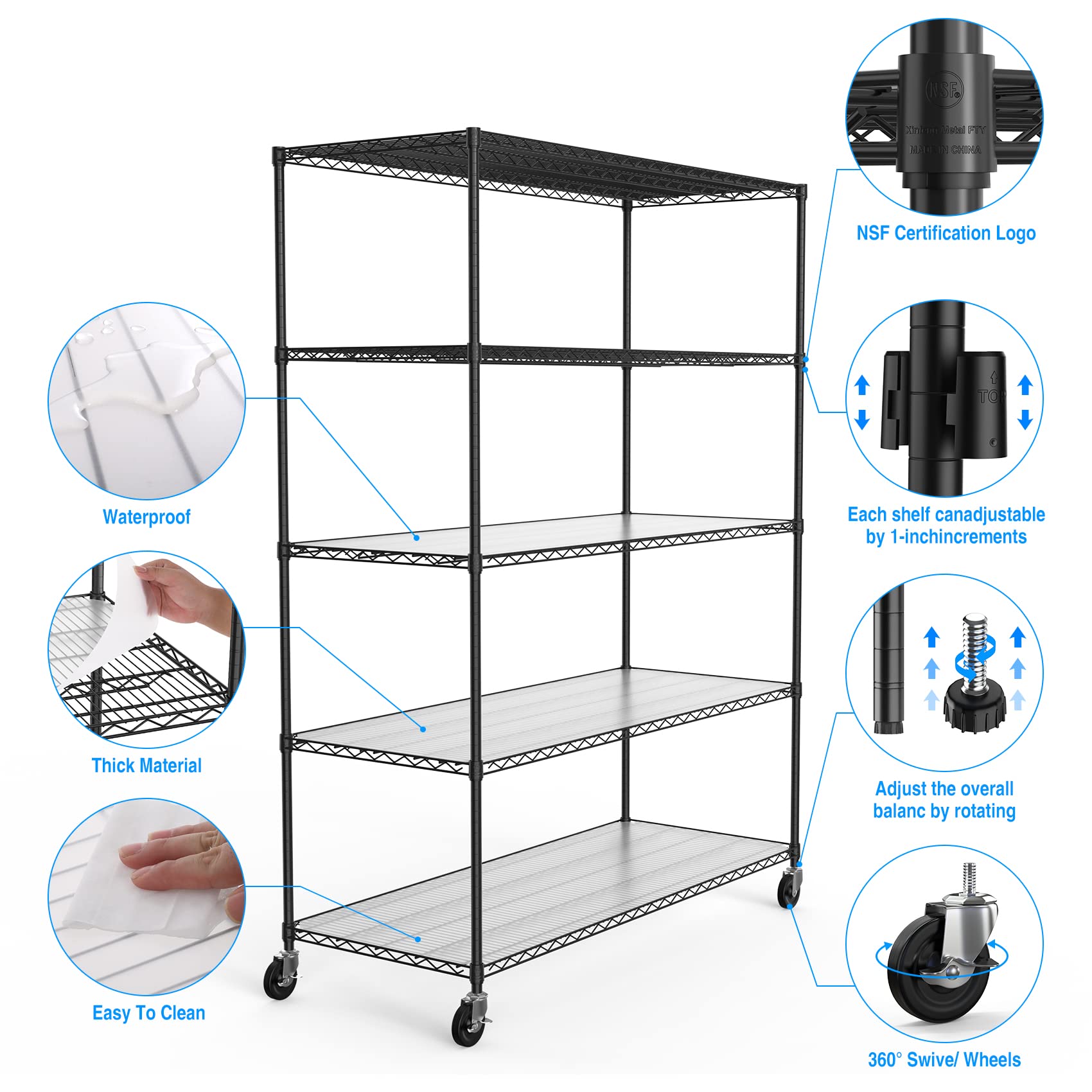 5 Tier 7500lbs Capacity NSF Metal Shelf Wire Shelving Unit, Heavy Duty Adjustable Storage Rack with Wheels & Shelf Liners for Commercial Grade Utility Steel Storage Rack, Black - 82"H x 60"L x 24"D
