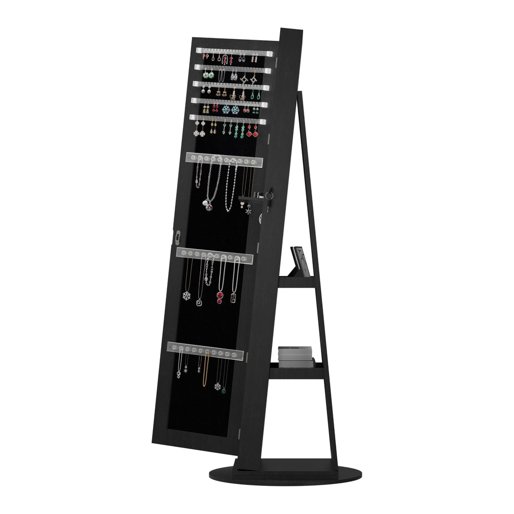 KEIKI 360°Swivel Jewelry Armoire with Full Length Mirror, 62.3" Rotating Standing Jewelry Armoire Organizer, Lockable Storage Cabinet, Interior Lighted Mirror, Black