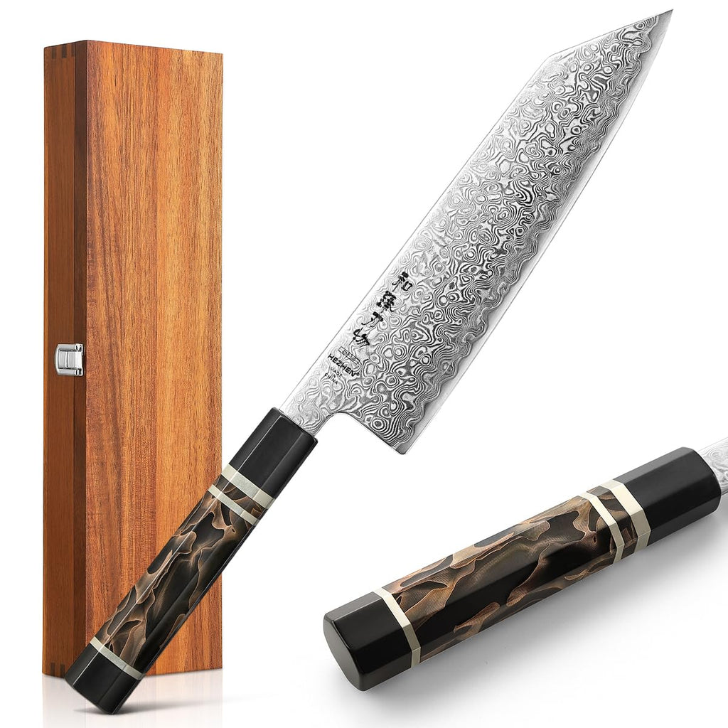 HEZHEN Kiritsuke Knife, 8.5 Inches, 49 Layers Damascus ZDP-189 Steel Japanese Chef Knife, Ultra Sharp Blade, Lightweight Handle, Acacia Wood Box Packing
