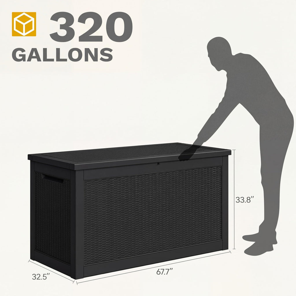 DWVO 320 Gallon Resin Outdoor Storage Box, XXL Large Waterproof Deck Box, Doubles as Table or Seating with 1000 lbs Capacity, Lockable (Black)