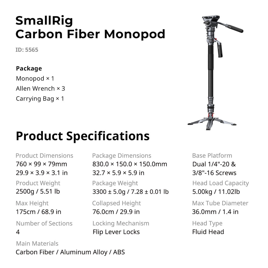 SmallRig 175cm / 68.9" Carbon Fiber Video Monopod for Camera, Compact Camera Monopod with One-Button Lift & Lock, Max. 5kg Playload Fluid Head Fits for DJI RS and for MFT 501L