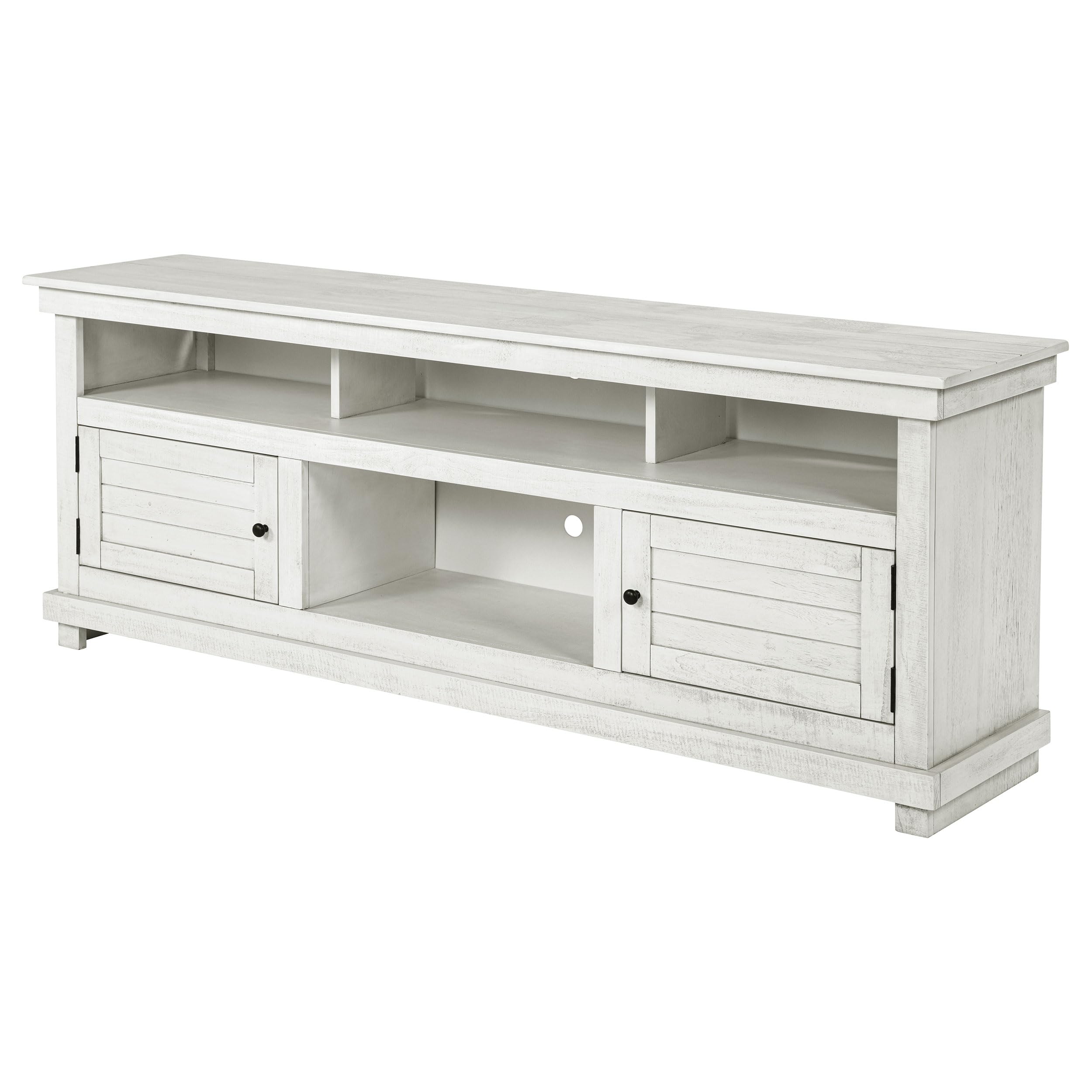 Coaster Home Furnishings - Payne - Wood - TV Stand with Two Door Cabinets, Open Shelves, Six Compartments and Farmhouse Style - Living Room - 70-Inch - Distressed White - 710053
