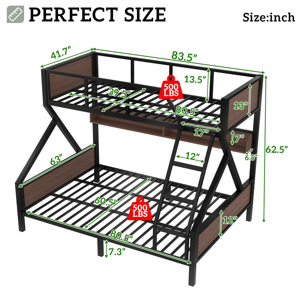HKOLIE Twin XL Over Queen Bunk Bed with Storage Shelves & LED Lights, Heavy Duty Metal Bunk Bed Frame with Stairs, Noise-Free Design, Space-Saving Bed with Guardrails for Kids, Teens & Adults, Black