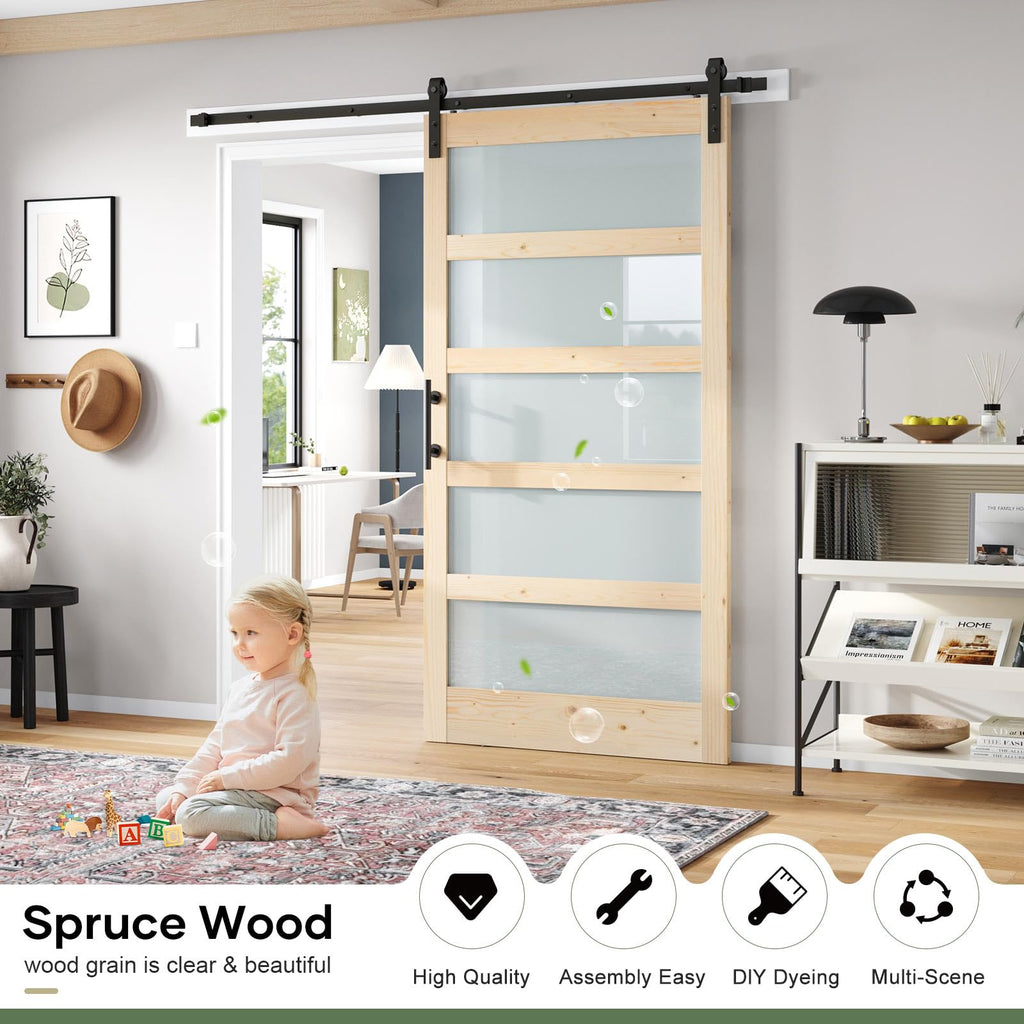 ROYMELO 42x84 inch Glass Sliding Barn Door Slab with 7ft Hardware Kit Included, 5-Panel Frosted Glass, Spruce Wood Support DIY Dyeing, Easy Assembly