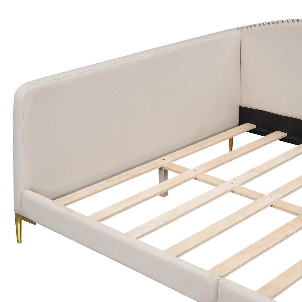 Ball & Cast Full Size Daybed with Golden Metal Legs,Linen Upholstered Daybed Frame with Nailhead Trim and Wood Slat Support,No Box Spring Needed,Beige