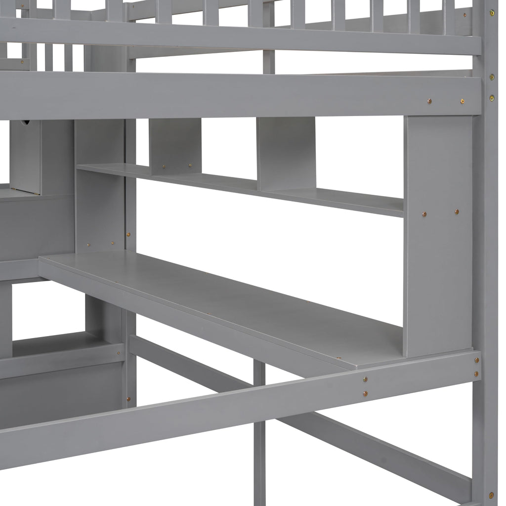 Bellemave Full Size Loft Bed with Desk and Storage Shelves,Wood Loft Bed Frame with Storage Staircase,High Loft Bed Full for Kids,Teens, Adults,Grey