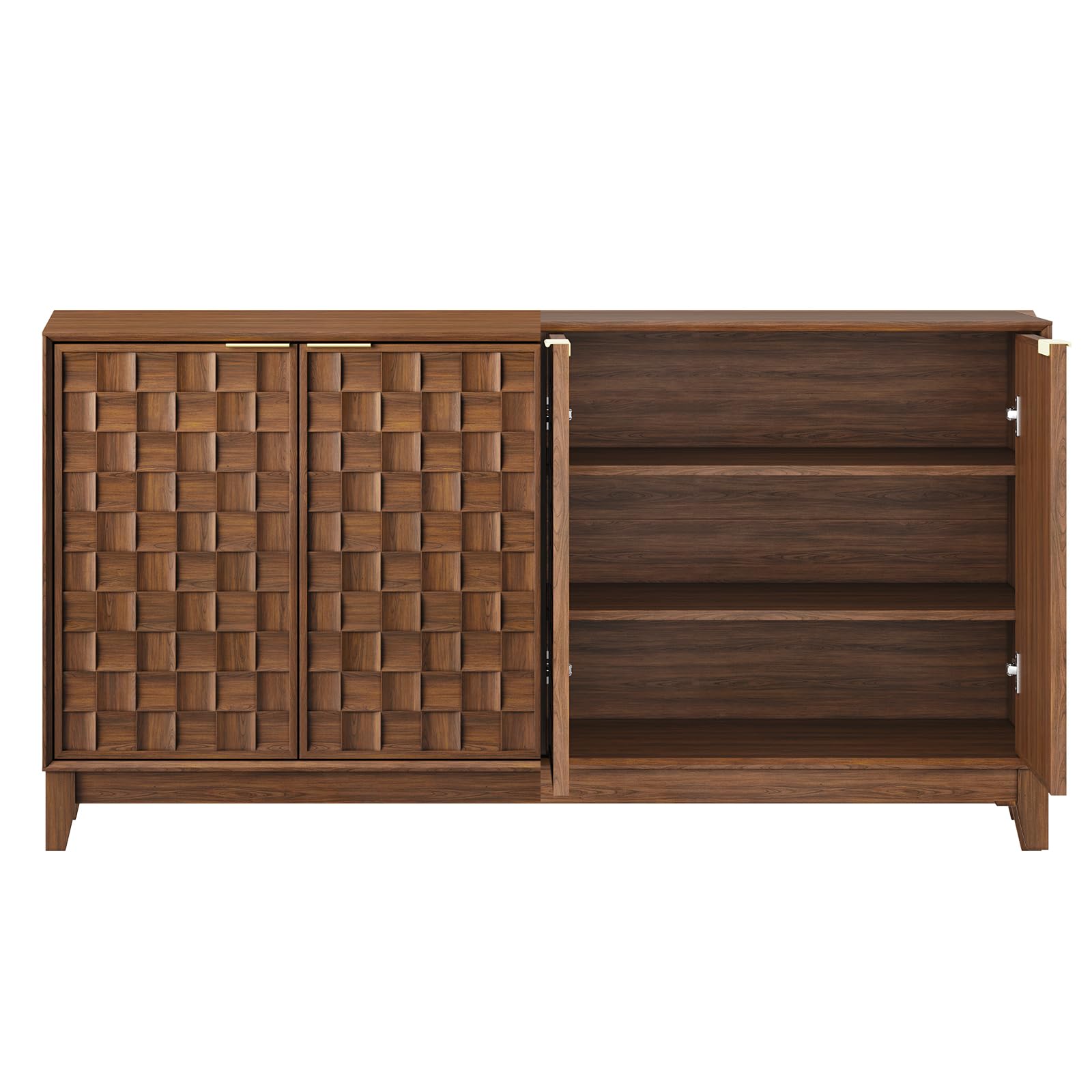 COLAMY 60" Sideboard Buffet Cabinet with Storage, Modern 3D Checkerboard Credenza with 4 Doors & Solid Wood Legs, Large Kitchen Coffee Bar Console Table for Dining Room, Living Room,Walnut Black