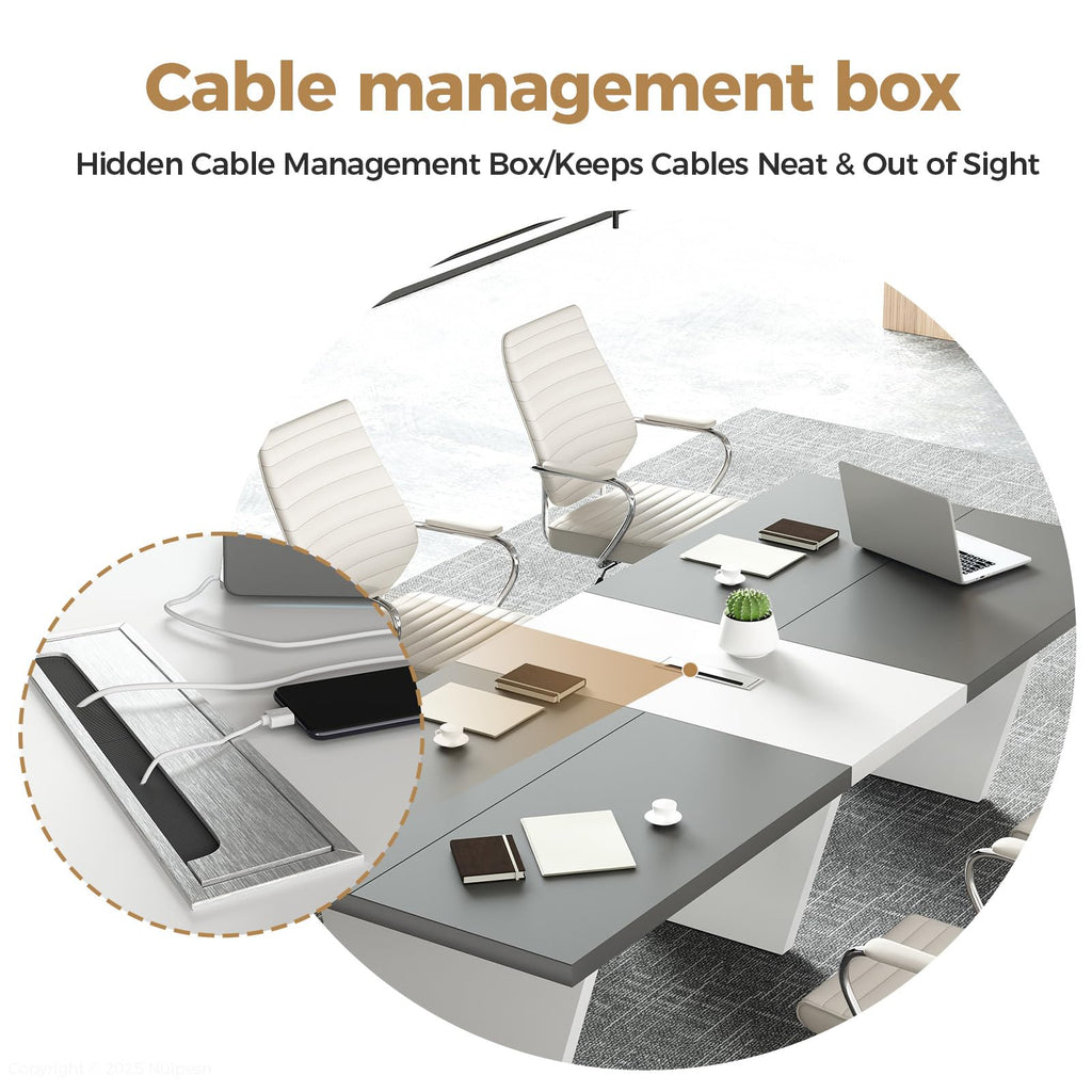 Nuipesn 10-ft Rectangular Conference Table, 119" Modern Boardroom Table for 10-12 People, 2" Thick Top with Center Cable Grommet, Two-Tone Dark Gray & White