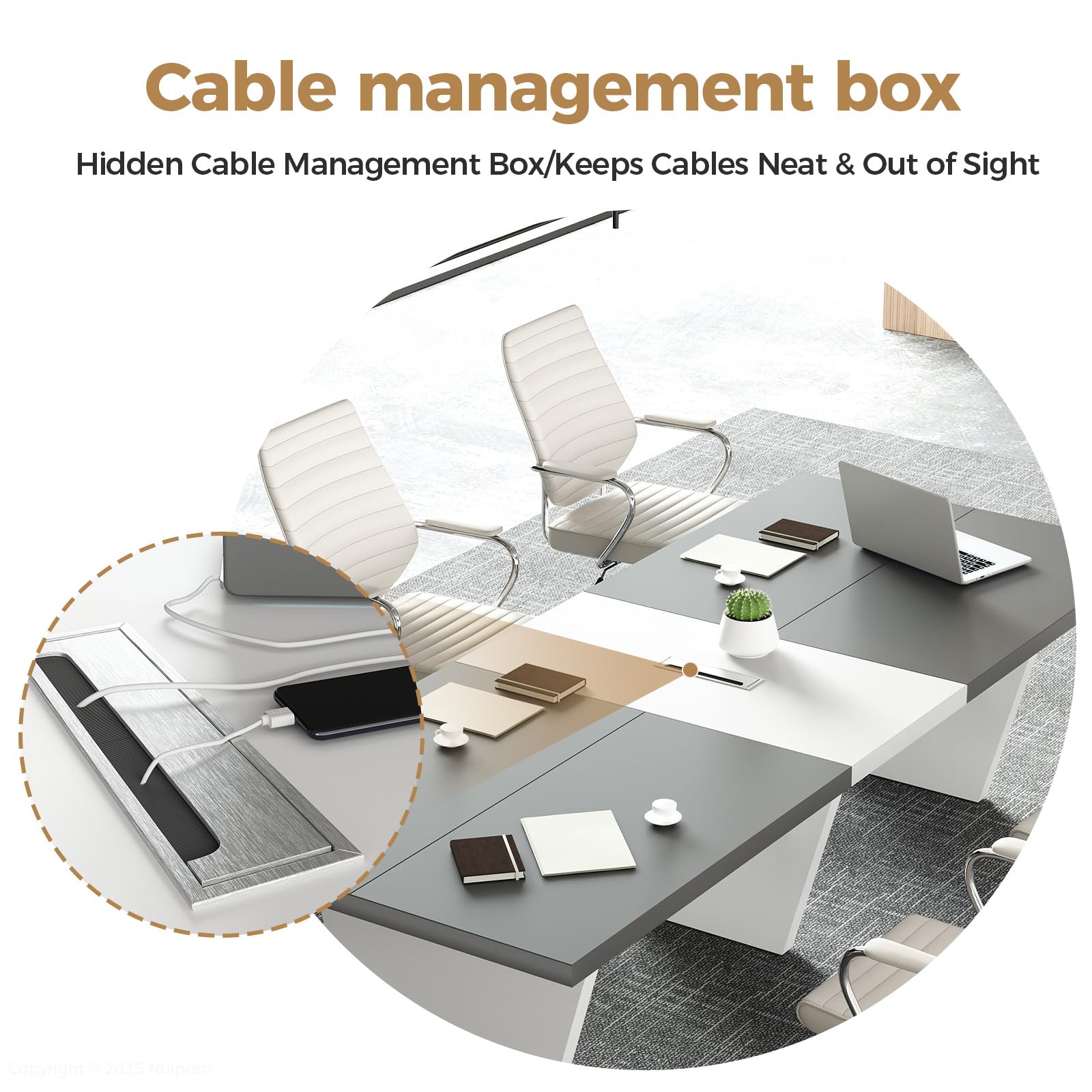 Nuipesn 10-ft Rectangular Conference Table, 119" Modern Boardroom Table for 10-12 People, 2" Thick Top with Center Cable Grommet, Two-Tone Dark Gray & White