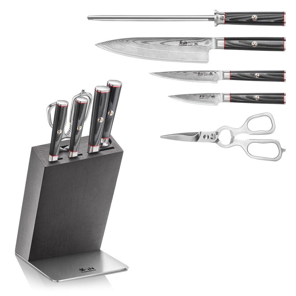 Cangshan YARI Series HUA Knife Block Set, X-7 Damascus Steel, Ash Wood Block (6-Piece)