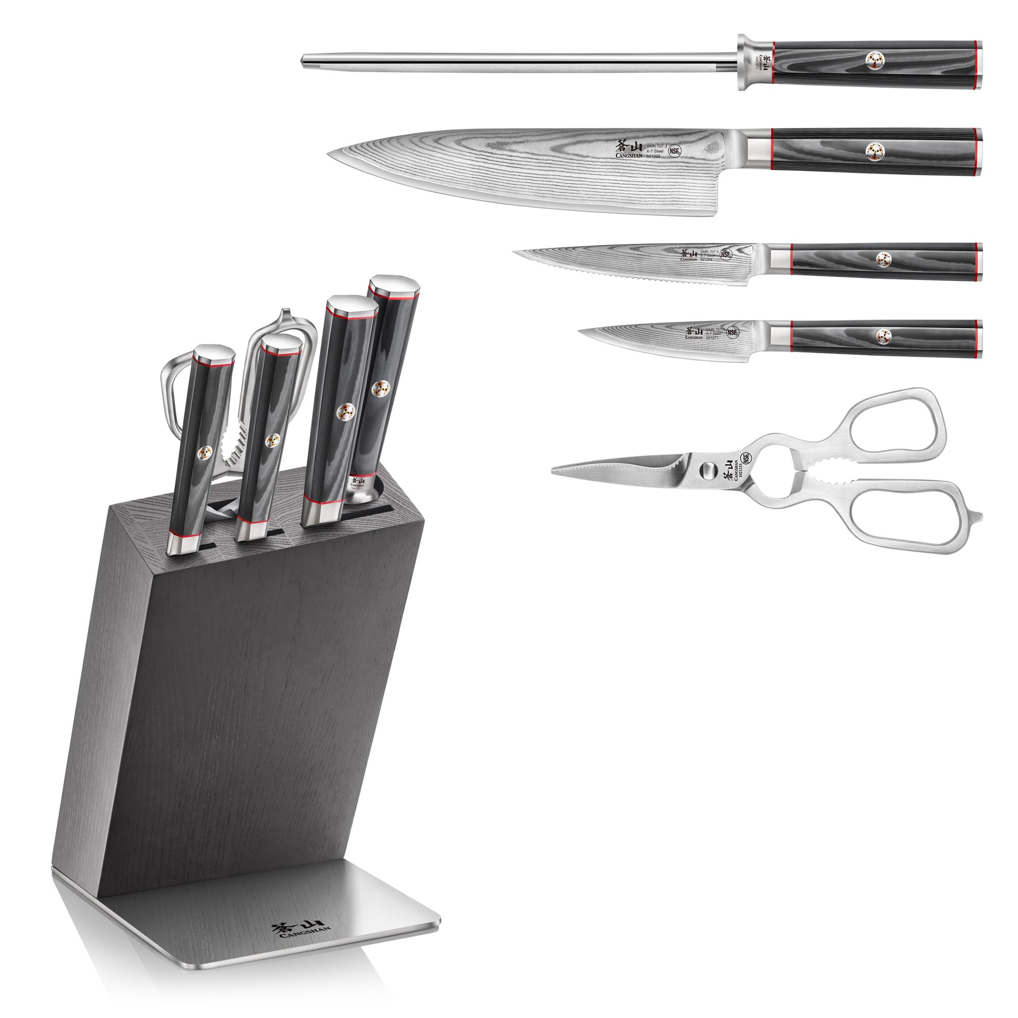 Cangshan YARI Series HUA Knife Block Set, X-7 Damascus Steel, Ash Wood Block (6-Piece)