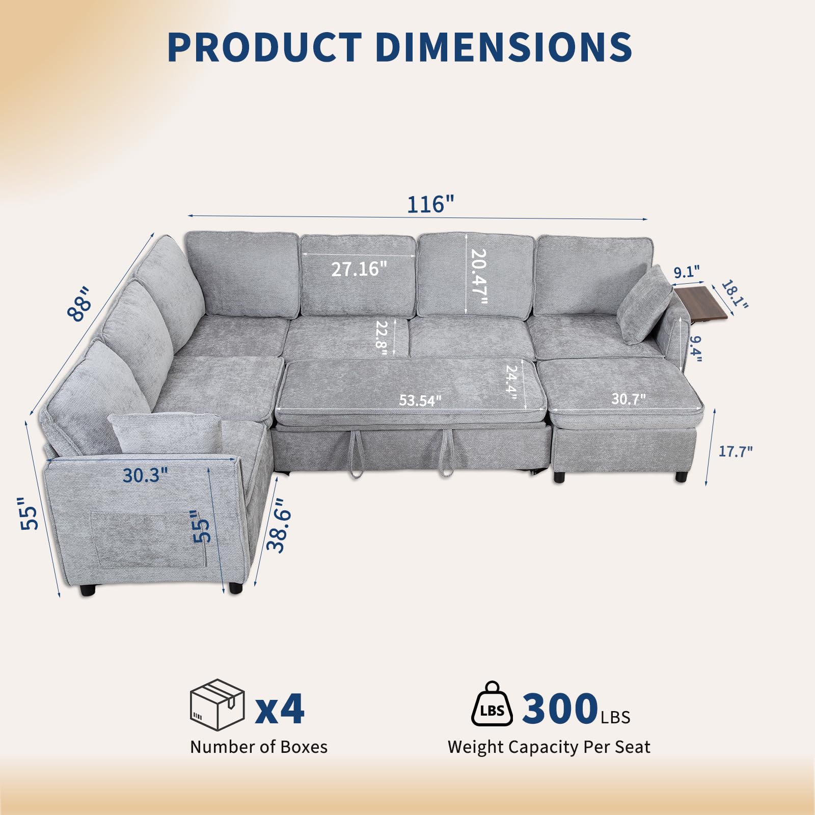 Modular Sectional Couch with Pull Out Sofa Bed, 116" U Shaped Modular Cloud Sofa Set with Ottoman, Charging Port & Foldable Side Table, 7 Seater Comfy Chenille Sleeper Couch for Living Room, Grey