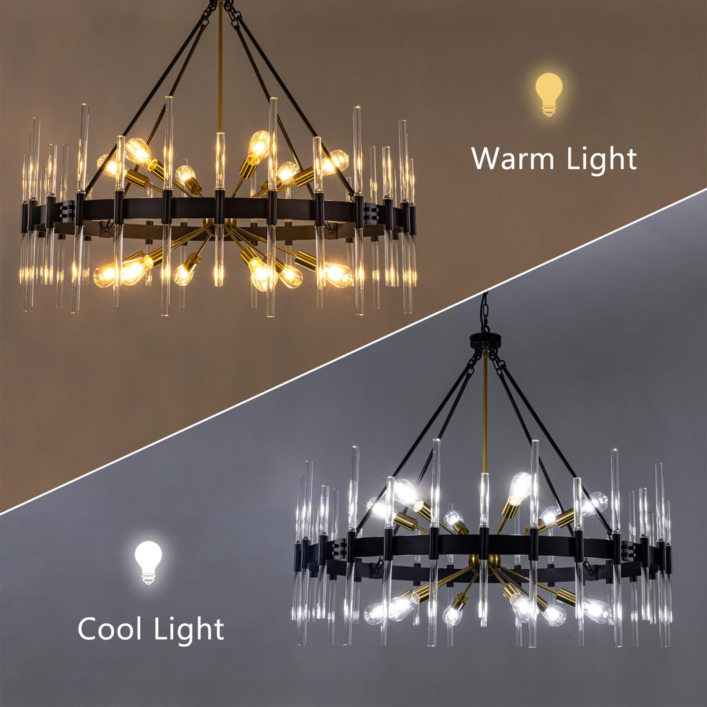 Wellmet Black and Gold Chandelier, Modern Dining Room Chandelier with Glass Rods 45", Farmhouse Wagon Wheel Light Fixtures Ceiling Hanging Pendant Lighting for Living Room, Kitchen, Foyer, Bedroom