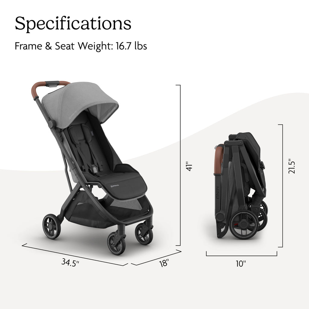 UPPAbaby Minu V3 Travel Stroller - Lightweight + Compact Design - One-Hand Fold + Unfold - from Birth + Overhead Compatible - Greyson (Charcoal Mélange/Carbon Frame/Saddle Leather)