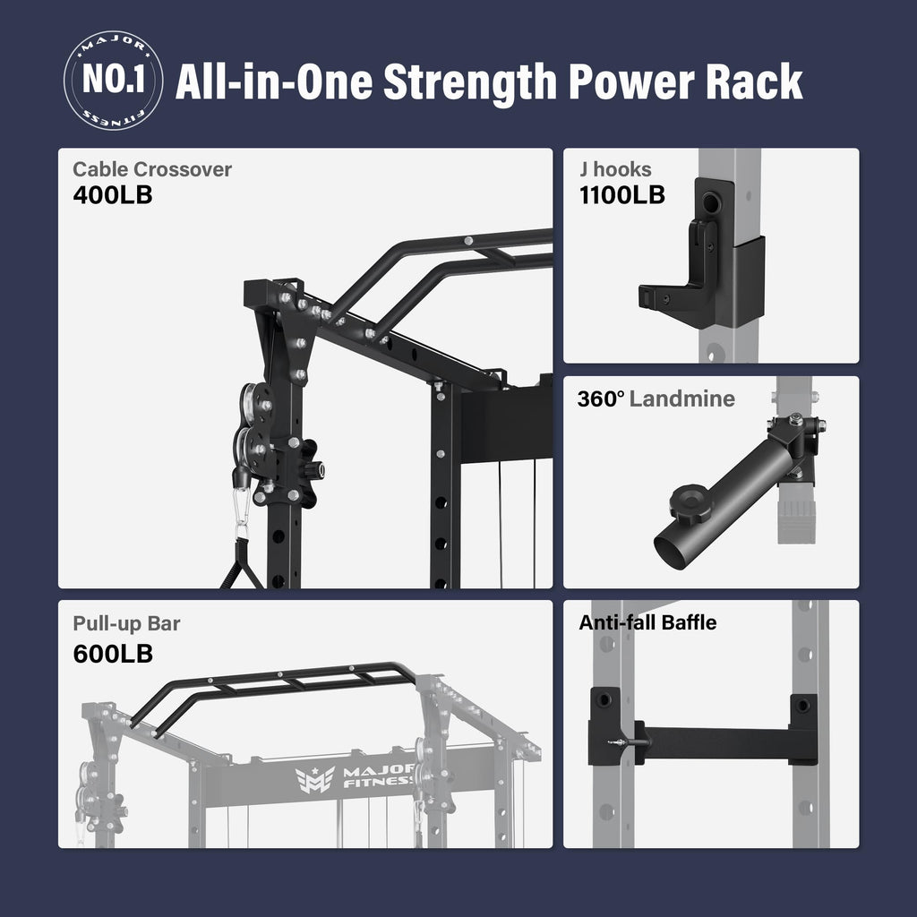 MAJOR FITNESS Power Cage Drone1 Premium- Multi-Function Power Rack for Home Gym, Squat Rack with Pull-up Bar, Cable Crossover System, J-Hooks, for Strength Training, Heavy-Duty Steel Construction