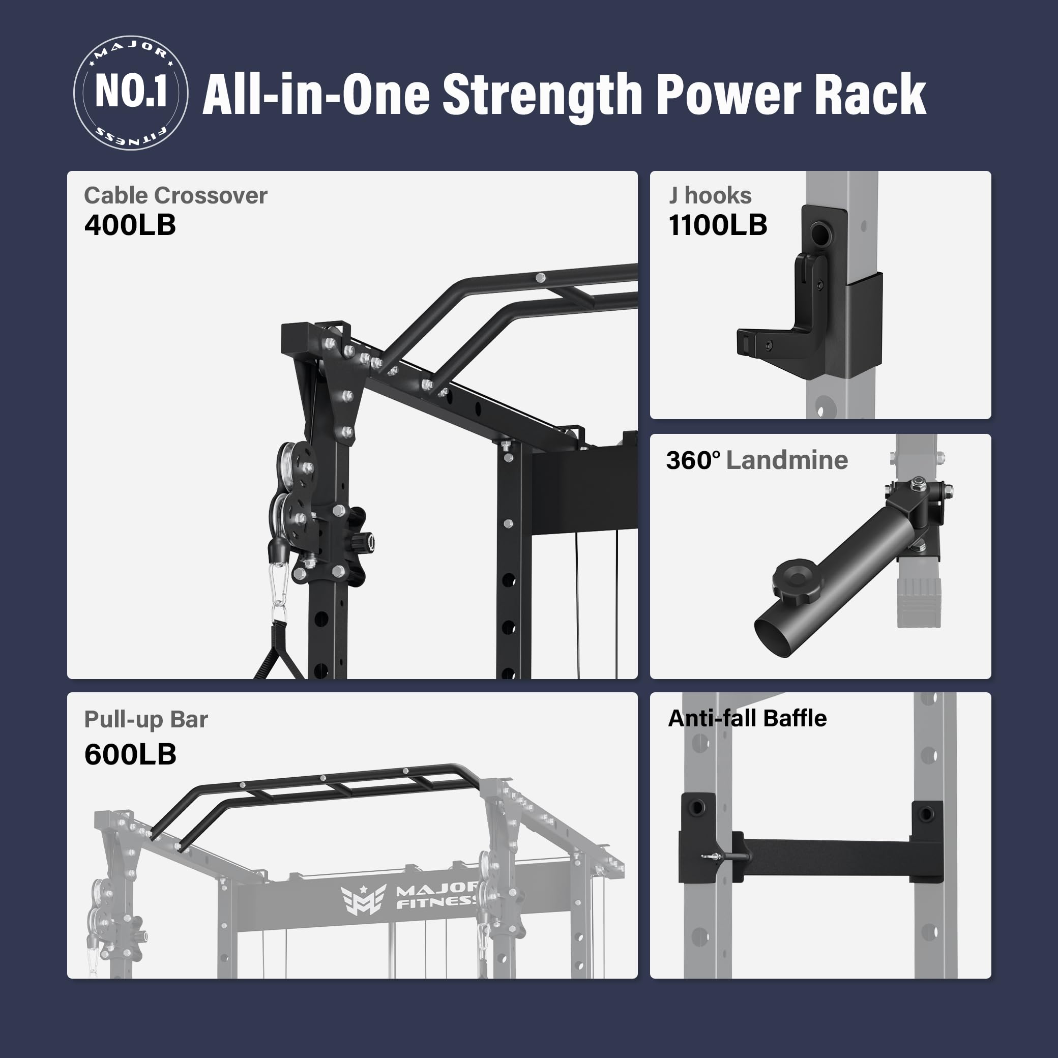 MAJOR FITNESS Power Cage Drone1 Premium- Multi-Function Power Rack for Home Gym, Squat Rack with Pull-up Bar, Cable Crossover System, J-Hooks, for Strength Training, Heavy-Duty Steel Construction