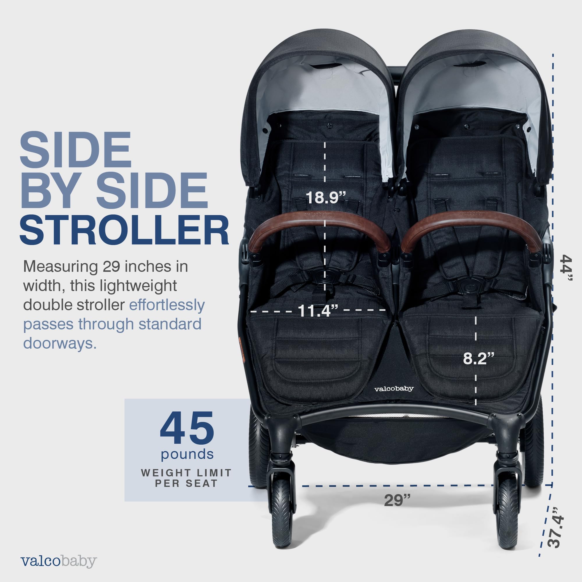 Valco Baby - Trend Duo Double - Side by Side Double Stroller for Newborn and Toddler - Easy Compact Fold, Multi-Position Recline, Large Canopy Infant Twin Stroller 2025 (Night Black)