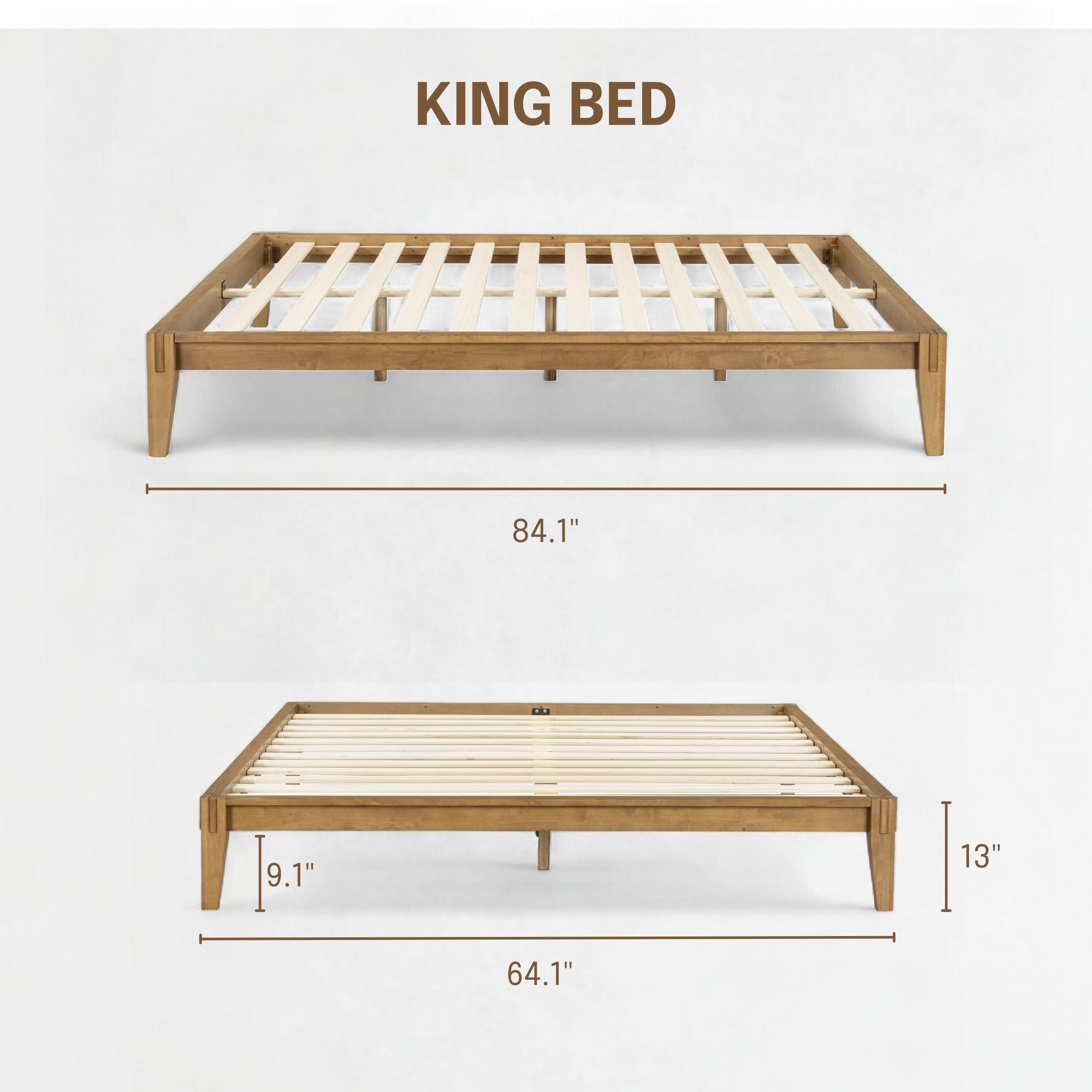 NTC Sapa Solid Wood Platform Bed Frame – Minimalist, Japanese Joinery, No Box Spring Needed, Silent Slats, Easy Assembly – King – Teak Look