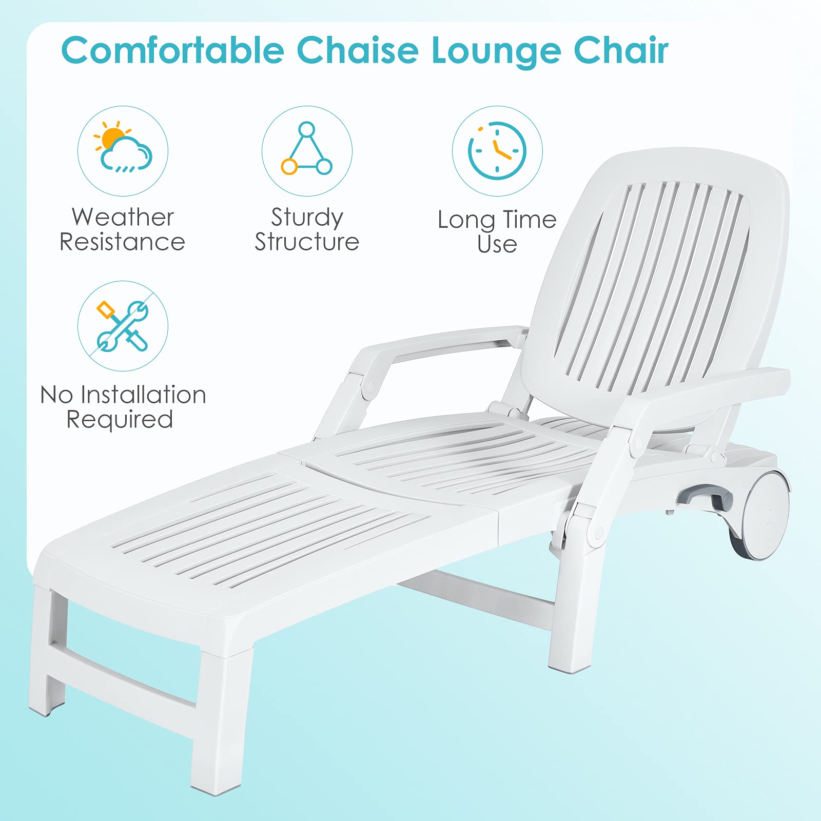 Tangkula Outdoor Chaise Lounge Chair, 5-Position Adjustable Recliner with Storage Box and Flexible Wheels, All-Weather Folding Patio Lounge Chair for Poolside, Beach and Backyard (2, White)