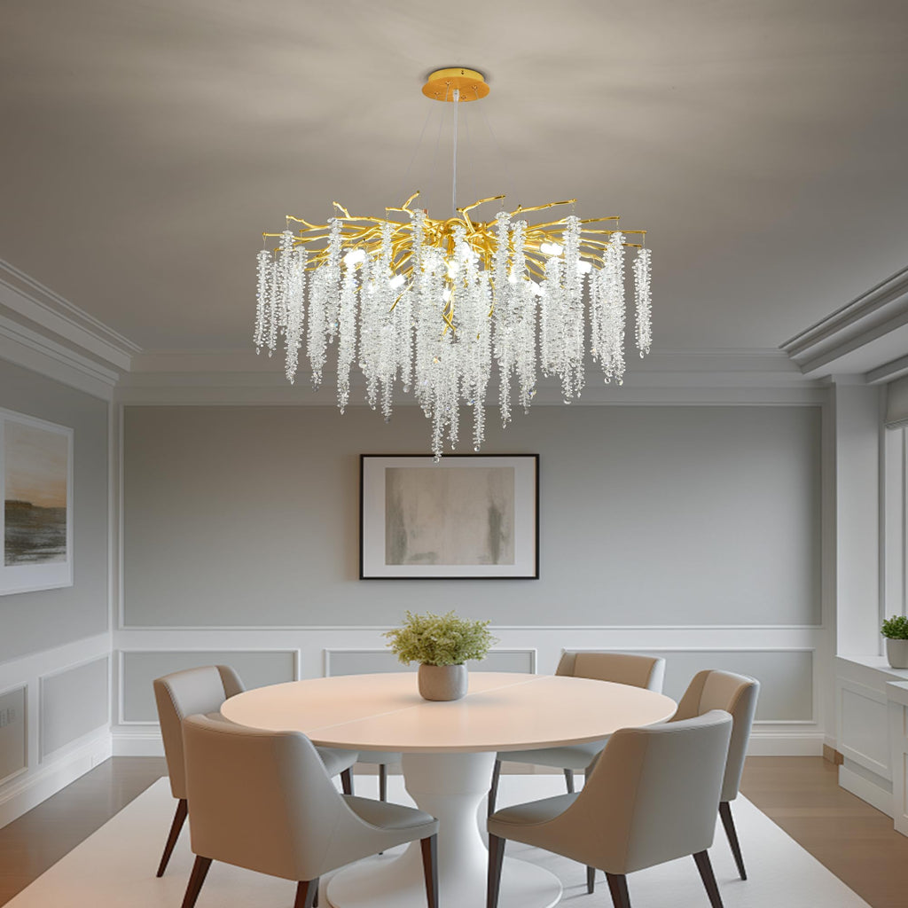 Puvaue Crystal Tree Branches Chandeliers Luxury Round Raindrop Pendant Light Fixture Ceiling Hanging Light for Dining Room Bedroom Living Room Entryway D31.5“ Gold