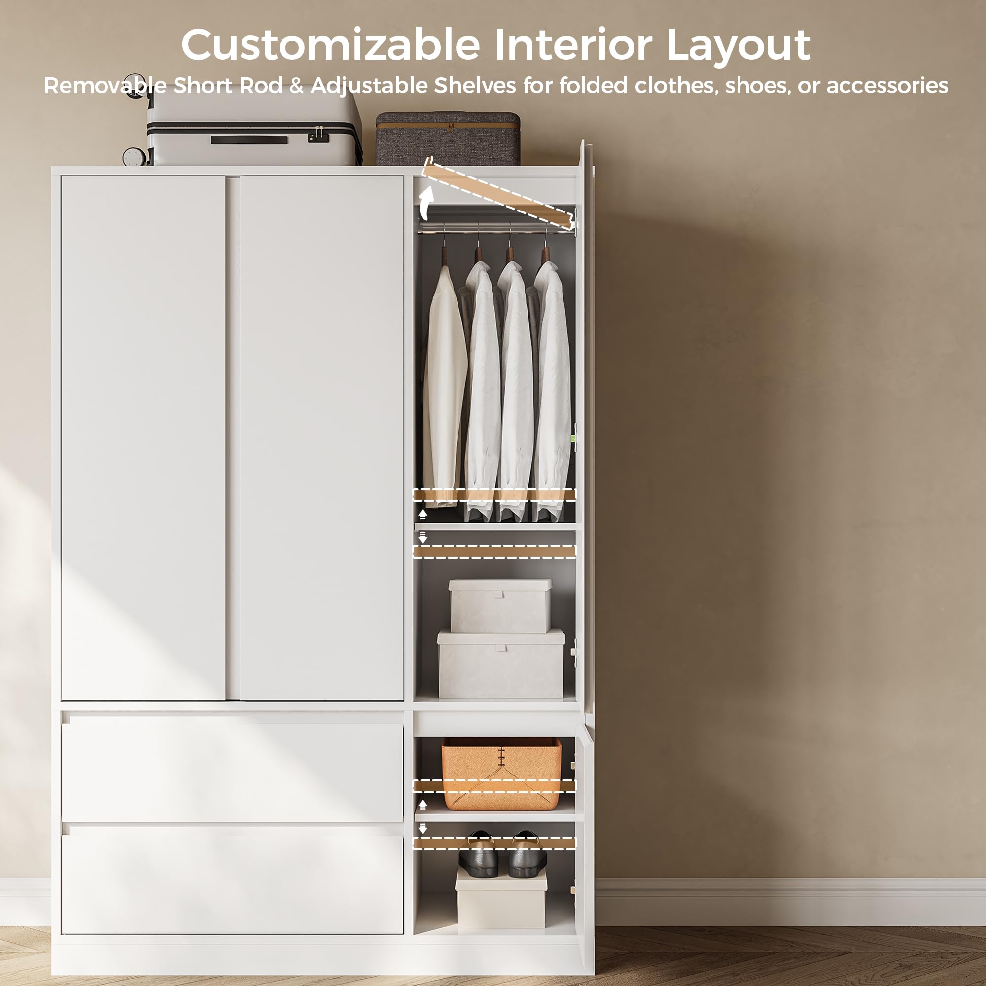 IRONCK 47.2" Armoire Wardrobe Closet with Drawers, White Armoire with Hanging Rods & DIY Adjustable Shelves, Modern Wardrobe with Soft-Close Hinges, Freestanding Closet for Bedroom