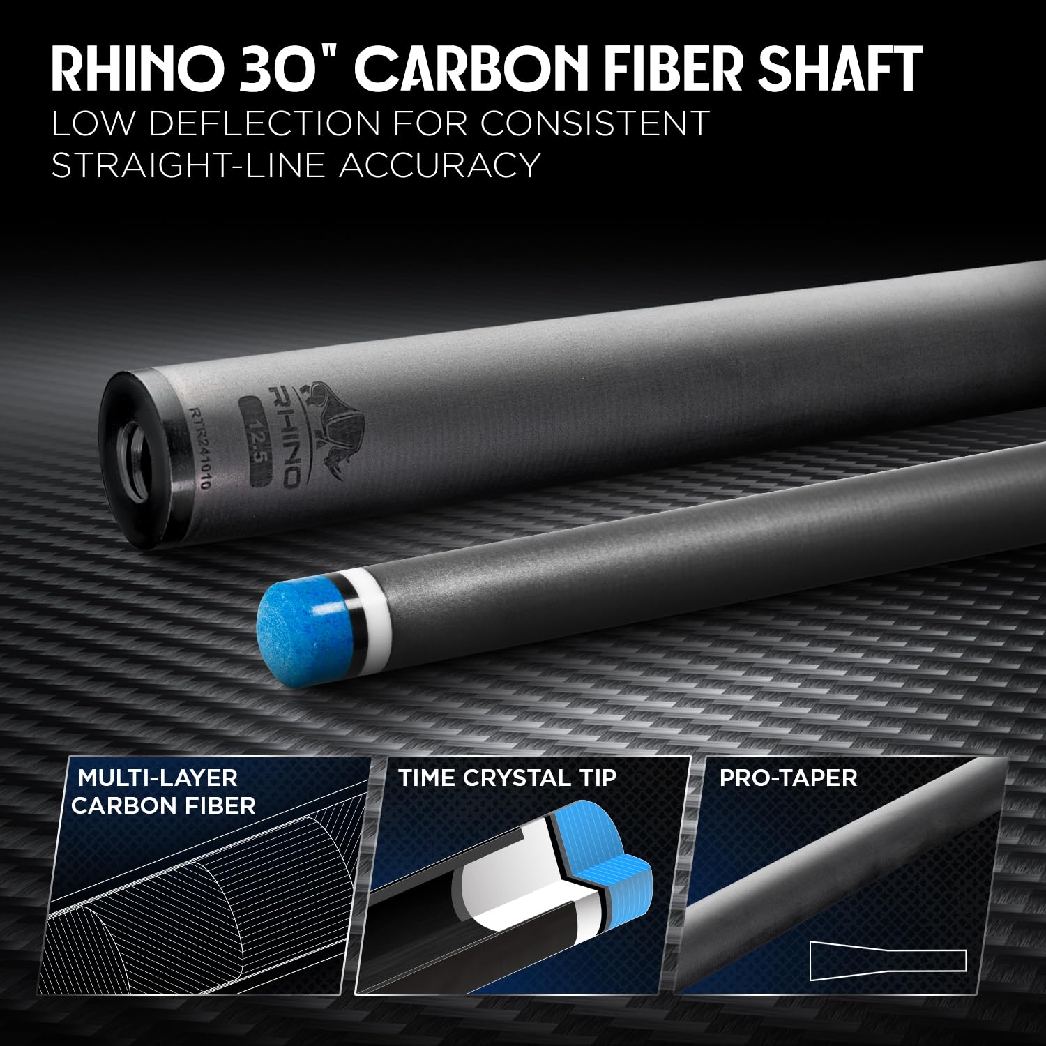 RHINO LUMINAX Carbon Fiber Billiard Cue Stick, Pro Taper Low Deflection Shaft, 3/8-8 Stainless Steel Joint, Composite Butt, Sport Wrap Grip