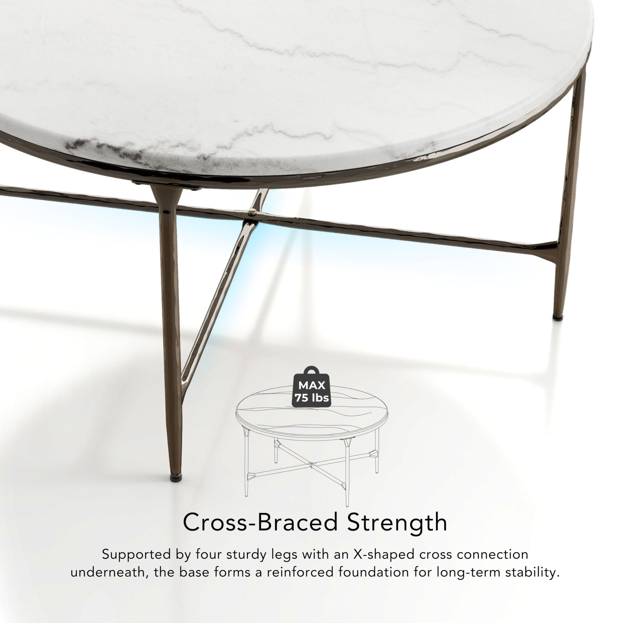 24/7 Shop at Home Aureum Modern 35-inch Round Marble Top Coffee Table with X-Brace, Hammered Dark Bronze Metal Frame for Living Room, Office, White
