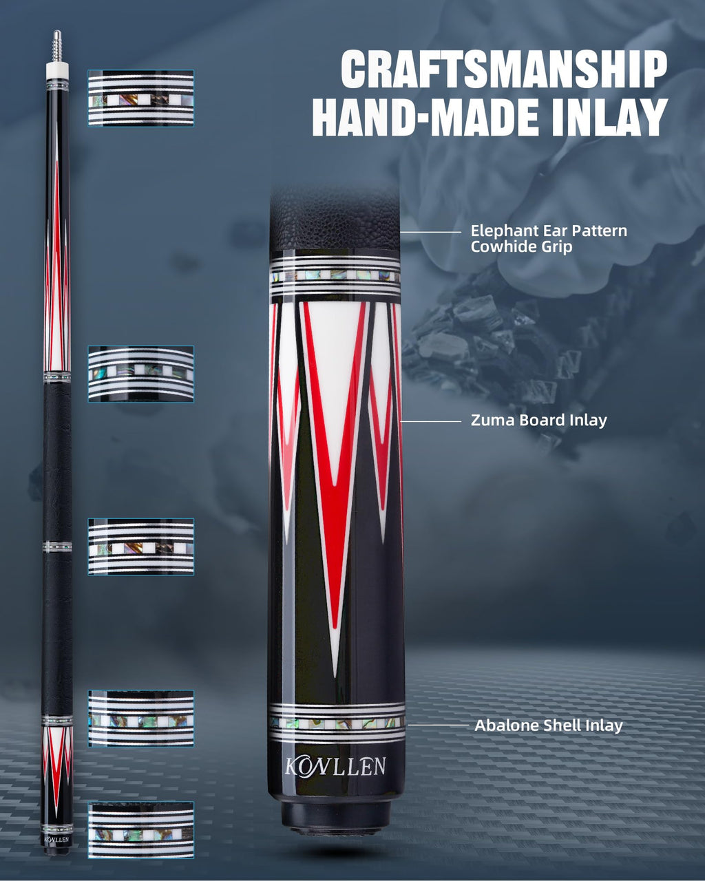 KONLLEN 2.0 Pool Cue Complete Set with Case & Extras | Hand-Inlaid Carbon Fiber Pool Cue with Professional Taper | Low Deflection Shaft for Adults & League Players
