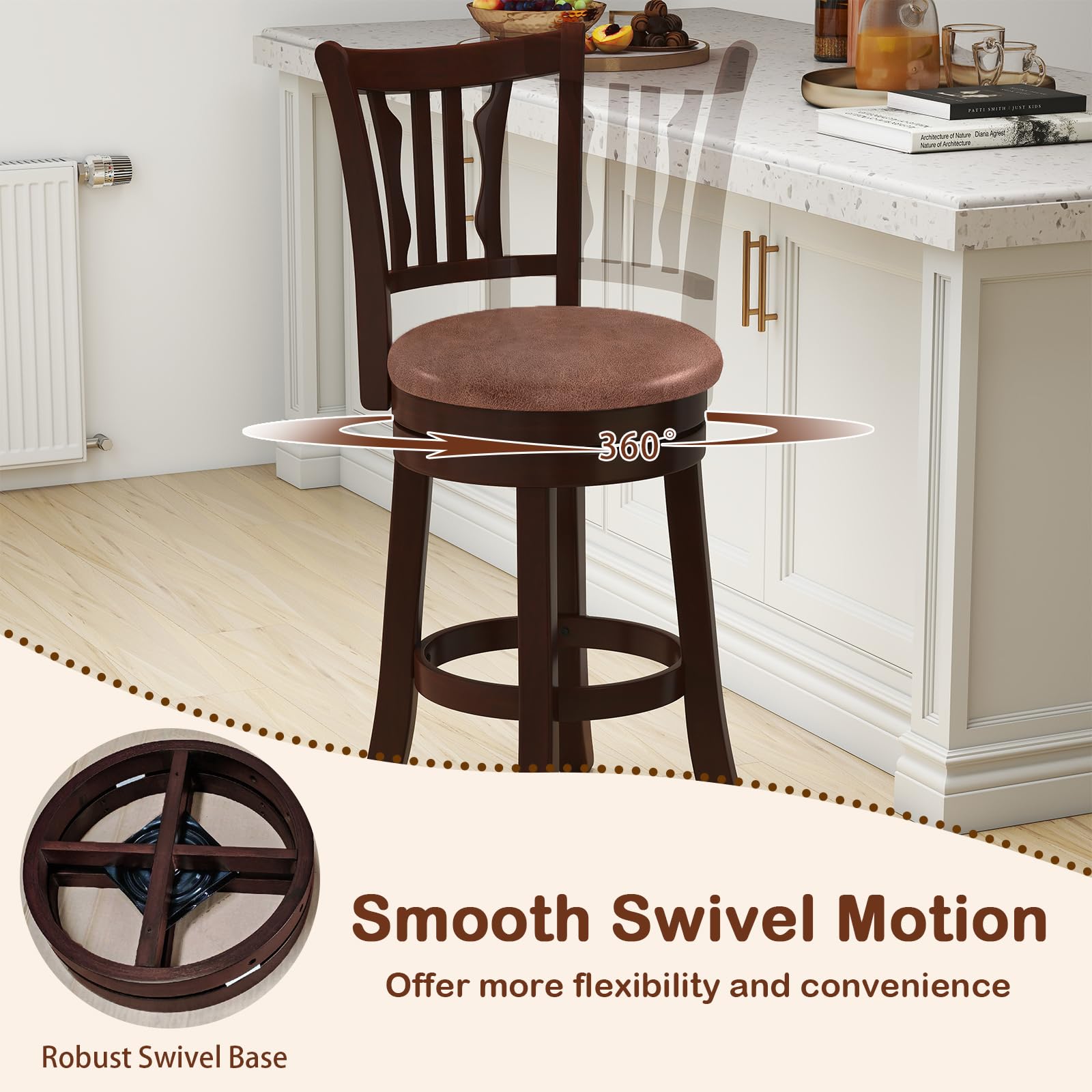 COSTWAY 26" Counter Height Stools Set of 4, Swivel High-Top Chairs with Backrest & Faux Leather Padded Seat, Rubber Wood Counter Barstools with Footrest for Kitchen, Dining Room, Pub (4,26'')