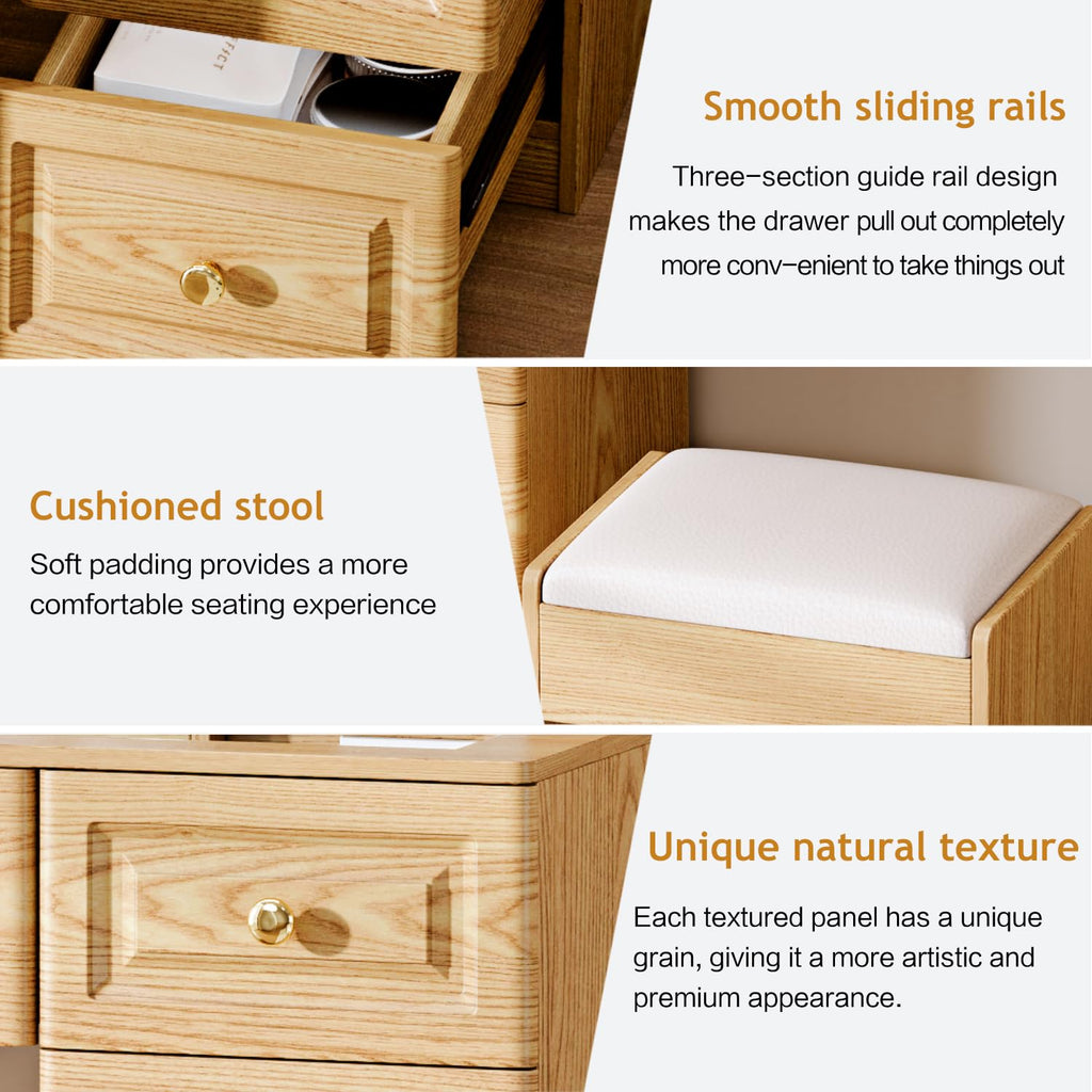 Arulvmrn 43" Makeup Vanity Desk with Mirror and Lights, & Power Outl, Glass Top Big Vanity Table with 9 Drawers& 8 Storage Shelves, Dressing Table Set with Chair for Bedroom, Wood