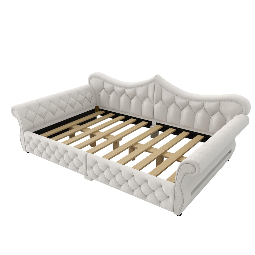 Merax Queen Size Upholstered Daybed with LED Lights, Convertible Sofa Bed, Tufted Daybed with Nailhead Trim, Wooden Frame Guest Bed for Living Room Bedroom, Beige