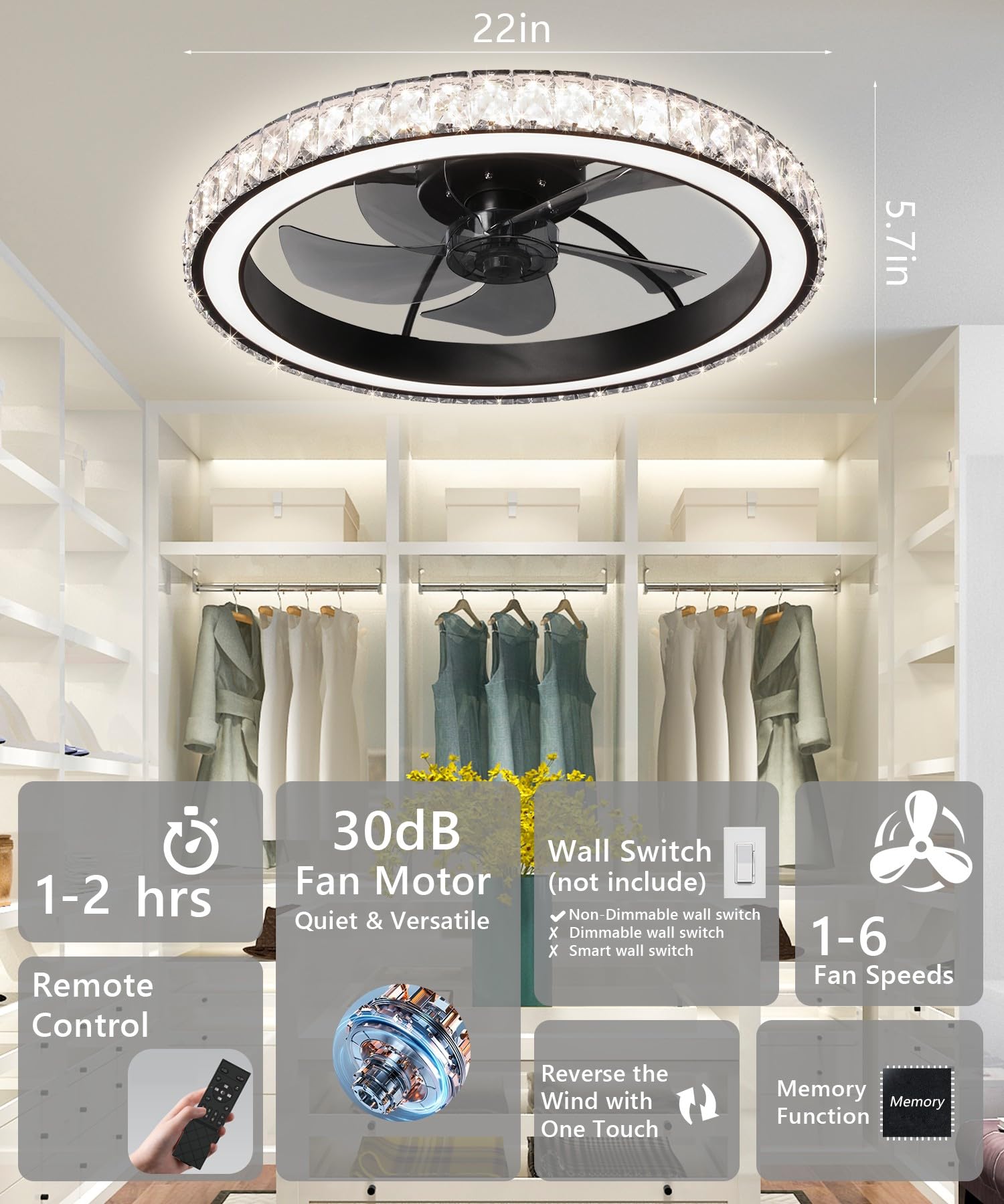 Aipsun Low Profile Modern Crystal Chandelier Ceiling Fans with Lights and Remote, 3000K-6500K Smart Bladeless LED Fan Light, 22" Black Modern Ceiling Fans with Lights for Bedroom