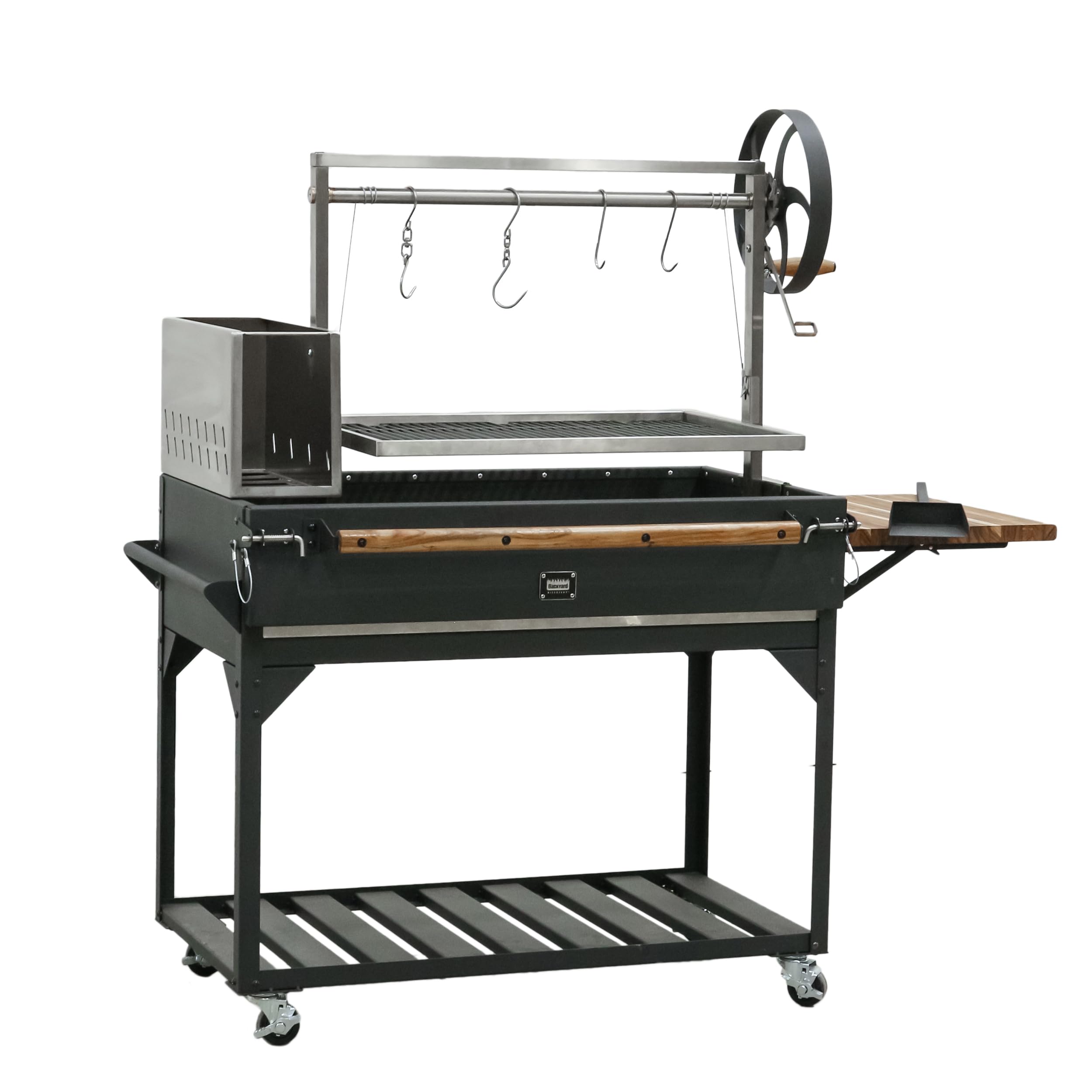 Backyard Discovery Argentine Santa Maria Wood Fire & Charcoal BBQ Grill with Brasero, Adjustable Grill Grates, Fire Bricks, Heavy-Duty Steel, S-Hooks, Acacia Wood Table for Outdoor Gaucho Grilling