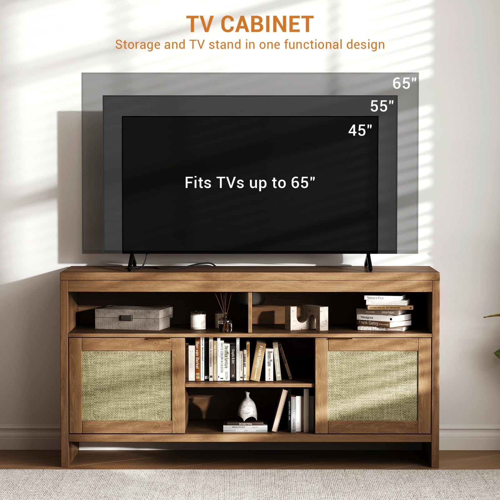 Boho TV Stand for TV up to 65 Inch,58"Modern Rattan Entertainment Center with Storage and Adjustable Shelves,Wooden Media TV Console Cabinet with Doors for Living Room/Bedroom/Apartment/Farmhouse(Oak)