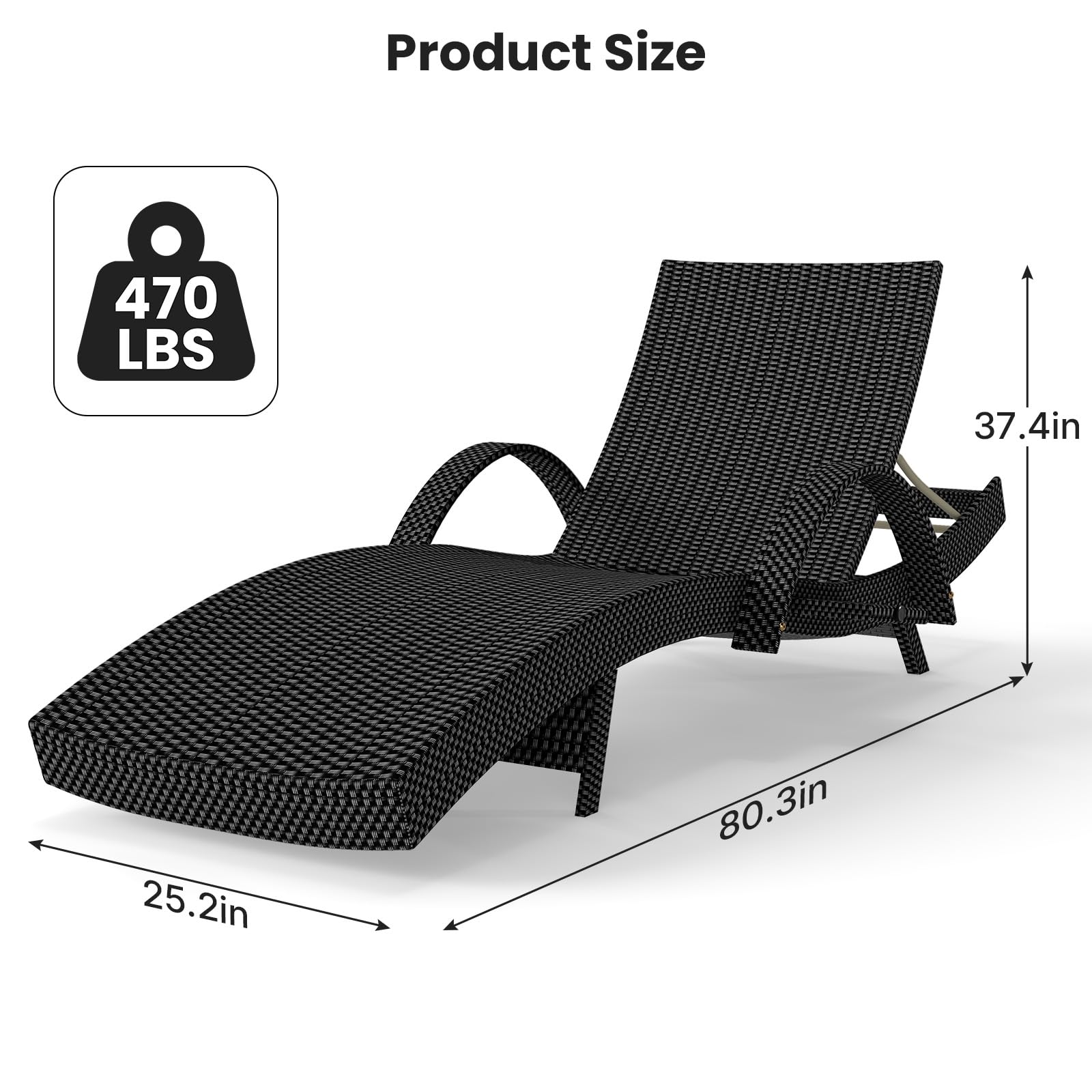 Rovibek 80'' Outdoor Wicker Chaise Lounge Chairs Set of 2, Pool Lounge Chairs with Pull-Out Side Table, Pool Lounge Chairs with Adjustable Recliners, All-Weather Design for Poolside Sunbathing, Black