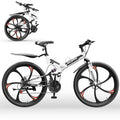 Outroad 26 Inch Folding Mountain Bike, 21 Speed Dual Disc Brake Non-Slip Folding Bikes, Full Suspension High-Carbon Steel MTB Foldable Bicycle for Adults/Women/Men, White