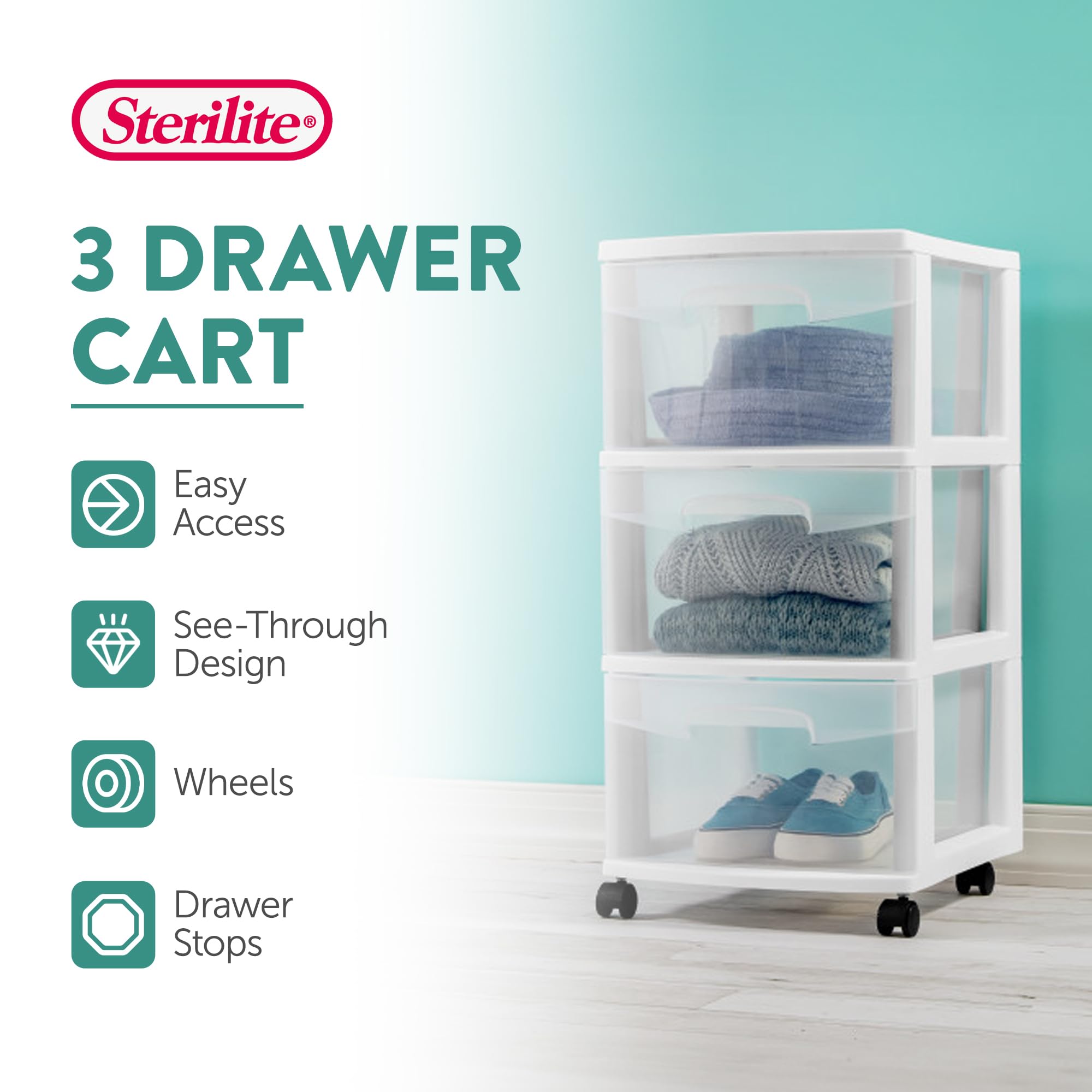 Sterilite 8 Pack Plastic Storage Organizer, 3 Drawer Rolling Bin Cart, Closet Organization, White