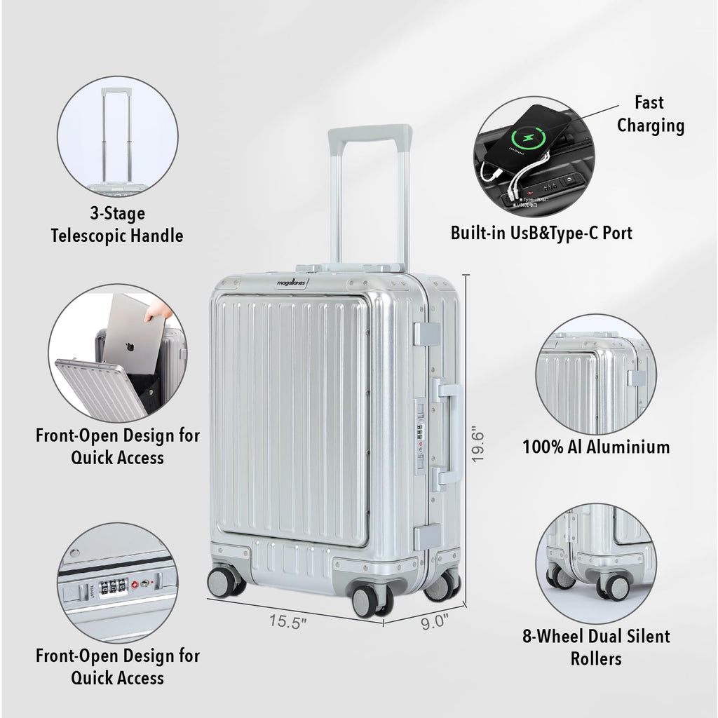 Magallanes 20 Inch All Aluminum Carry On Luggage with Front Laptop Pocket - Zipperless Hard Shell Suitcase for Business Travel, TSA Approved, Silent Spinner Wheels, USB Charging Port, Silver