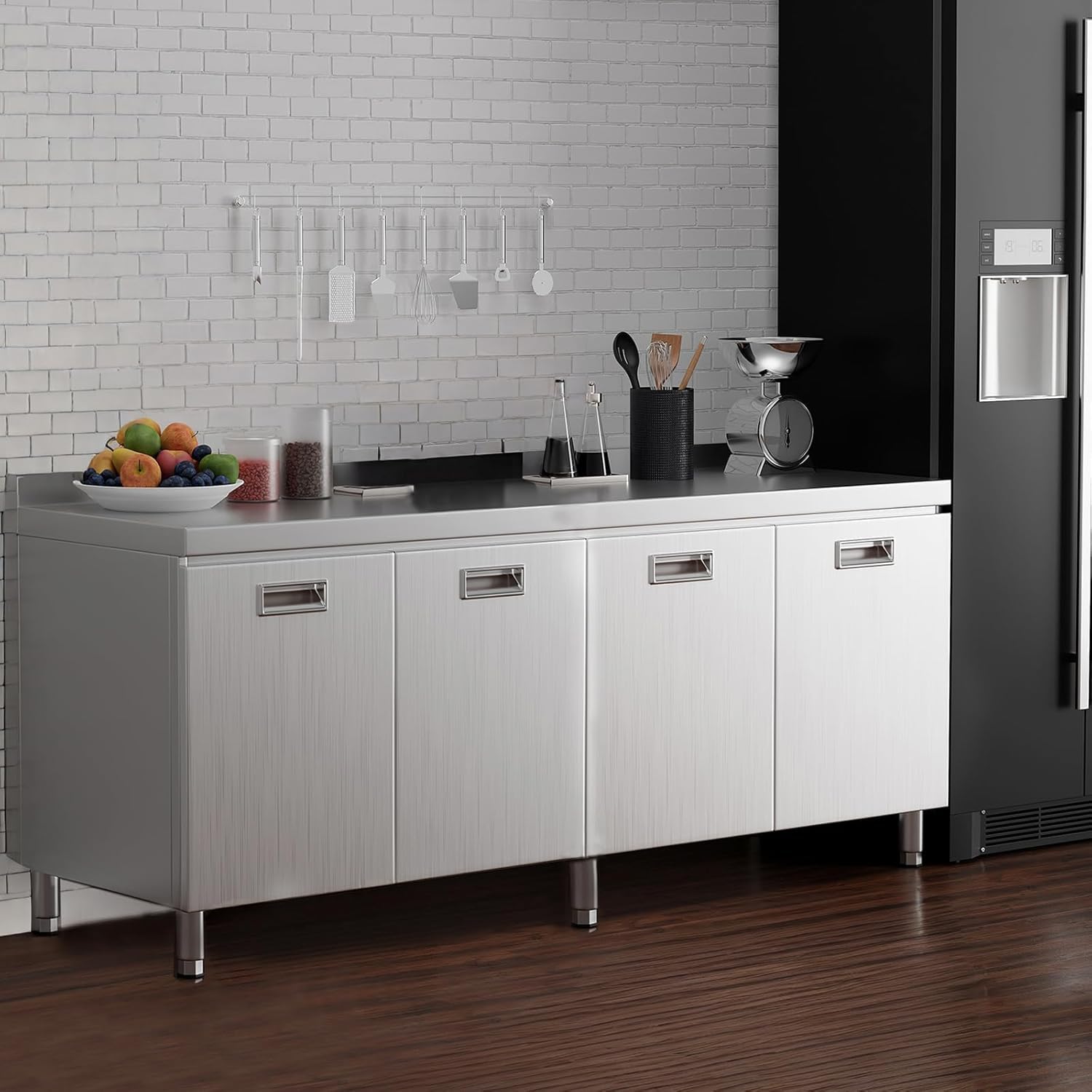 ZZV Stainless Steel Table Cabinet for Prep & Work 21 x 66 Inch, Heavy Duty Prep Table with 4 Pull-Out Doors, Commercial Workbench with Cabinet for Kitchen, Restaurant, Hotel, Garage, and Warehouse