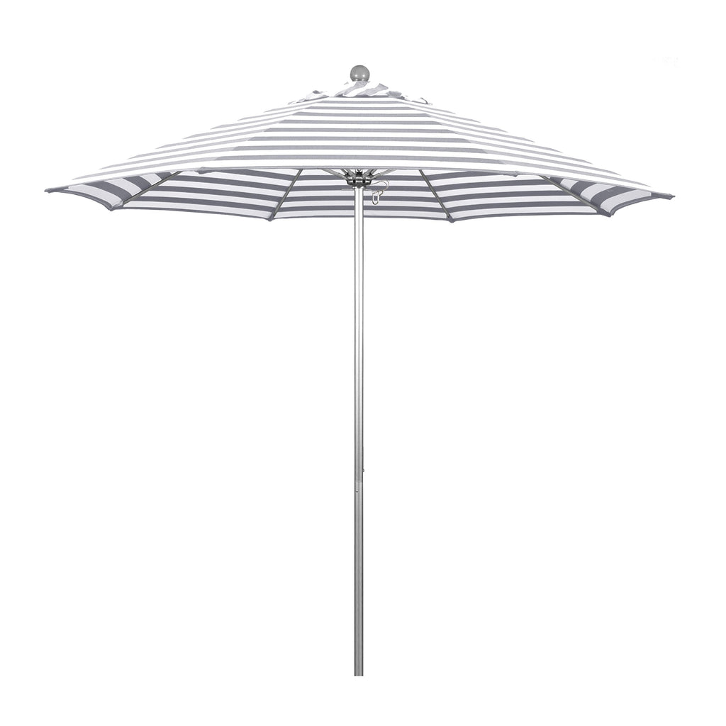 California Umbrella 9' Round Contract Grade Patio Umbrella, Push Open, Silver Finish, Gray/White Olefin