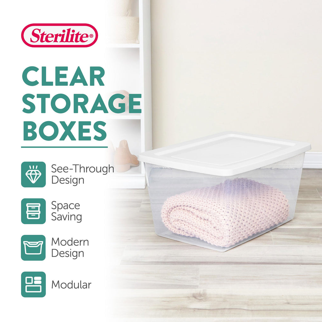 Sterilite 32 Pack Storage Box, 58 Quart Stackable Tote, Clear Plastic Container with Secure Snapping Lids for Home and Office Organization, White