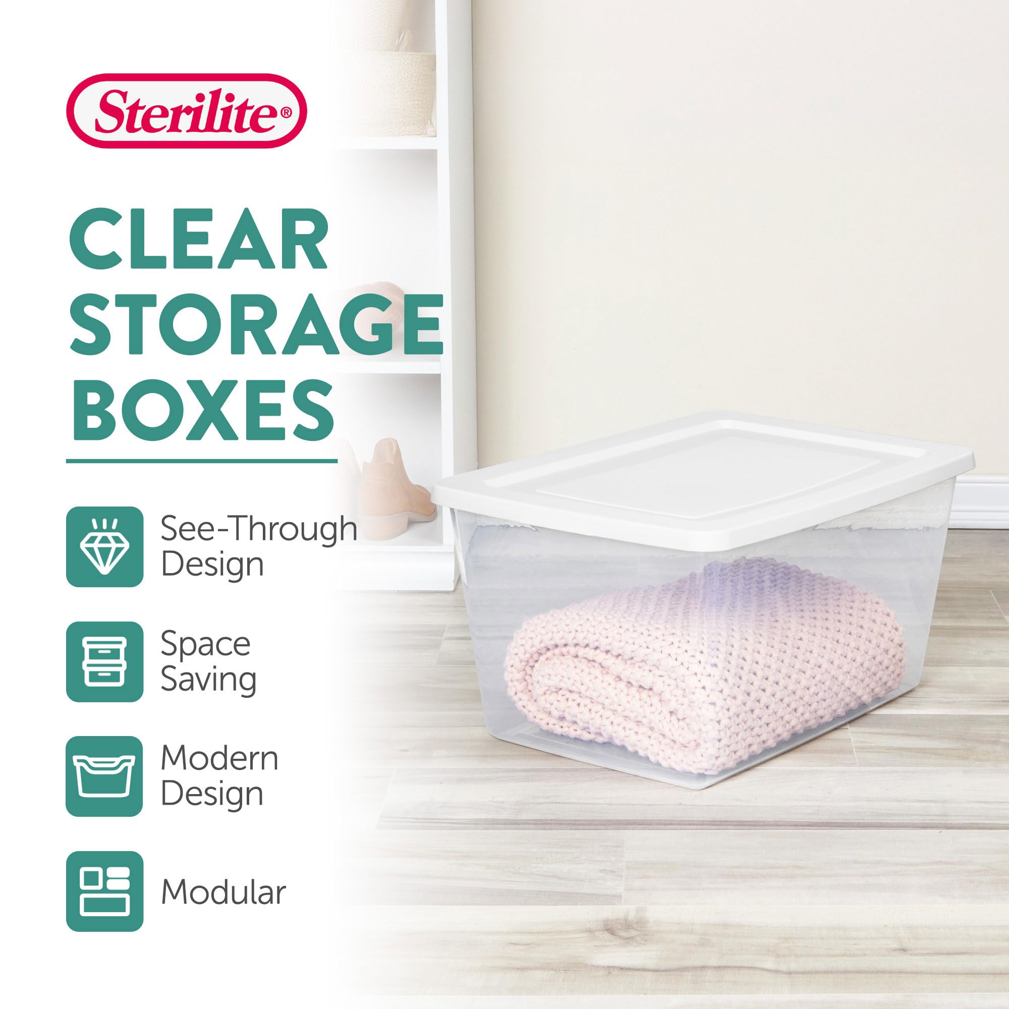 Sterilite 32 Pack Storage Box, 58 Quart Stackable Tote, Clear Plastic Container with Secure Snapping Lids for Home and Office Organization, White