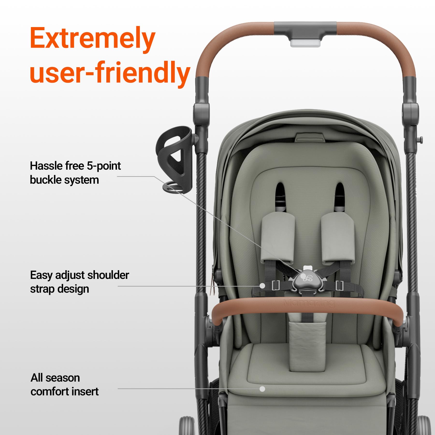 MAMAZING Air Lux Baby Stroller, Carbon Fiber Frame Only 15.8lbs, Compact Fold Toddler Stroller with Reversible Seat with Infant Insert, Included UPF 50+ Canopy, Large Storage Basket & Car Seat Adapter